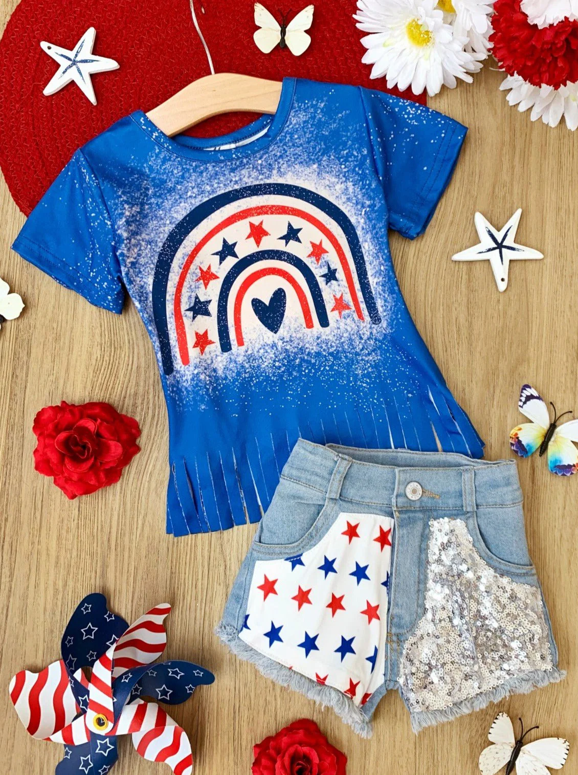Star Rainbow Sequin Denim Shorts Set - Image 4