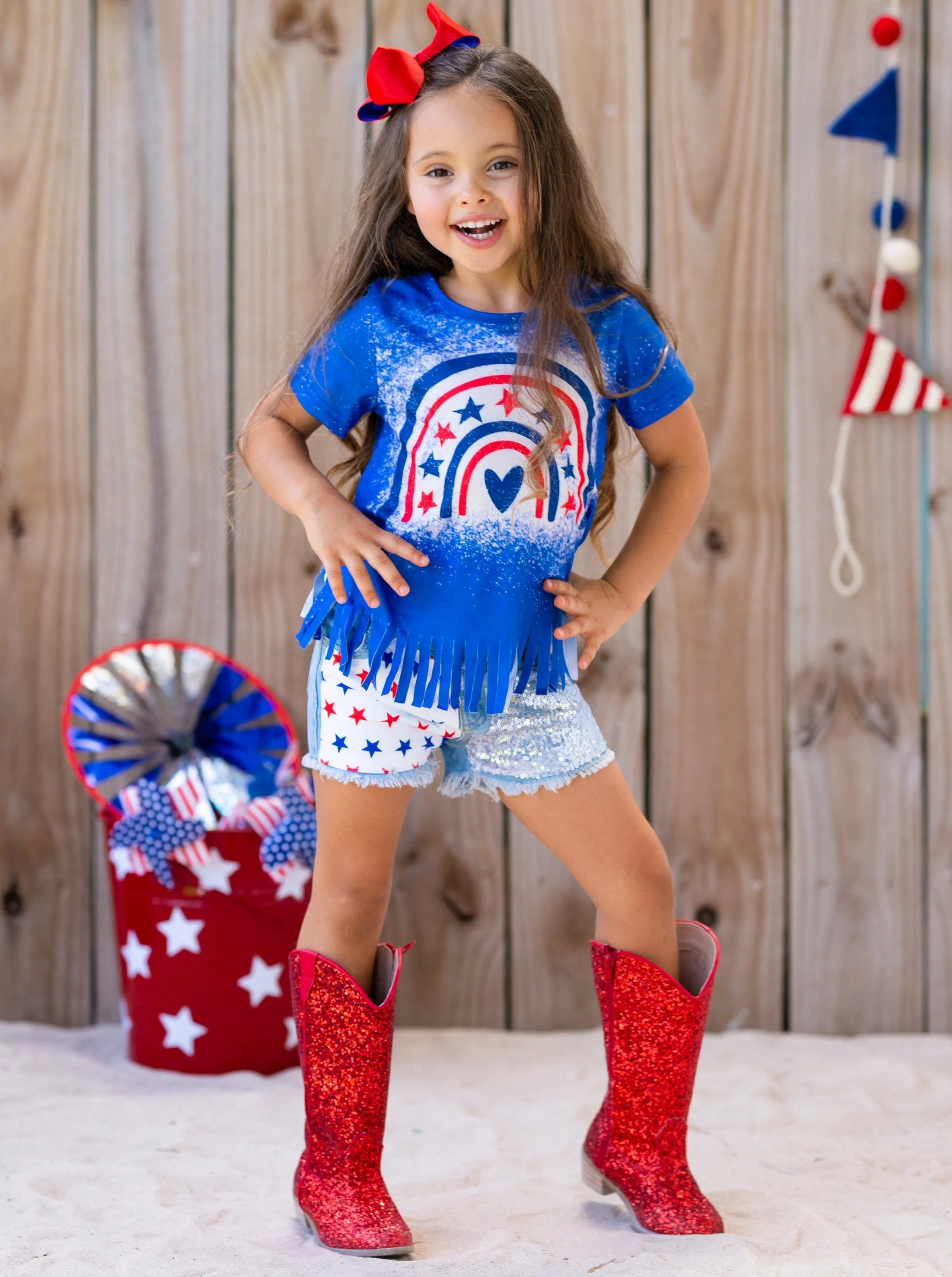 Star Rainbow Sequin Denim Shorts Set - Image 6