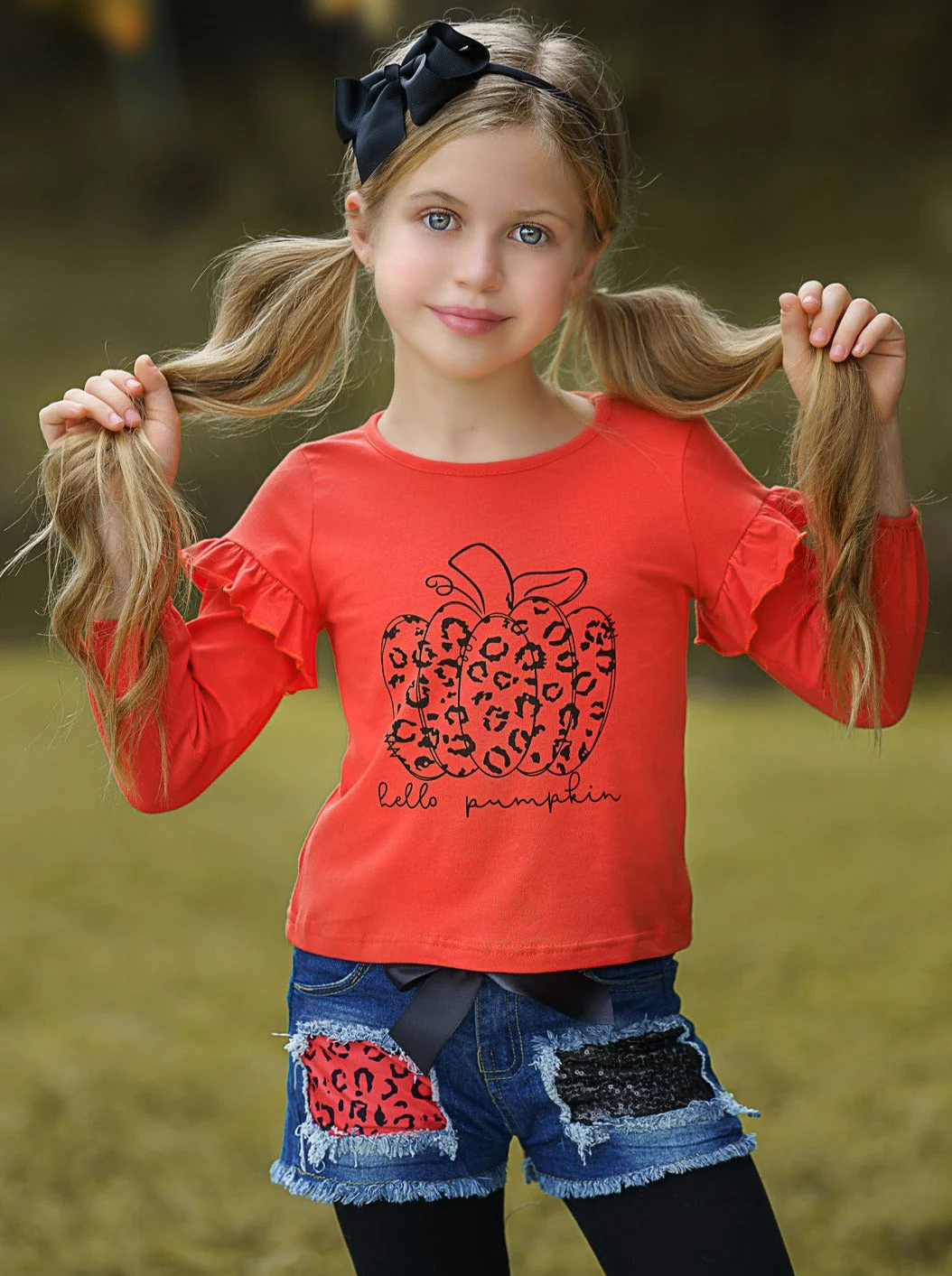 Hello Pumpkin Top, Patched Denim Shorts and Legging Set - Image 2