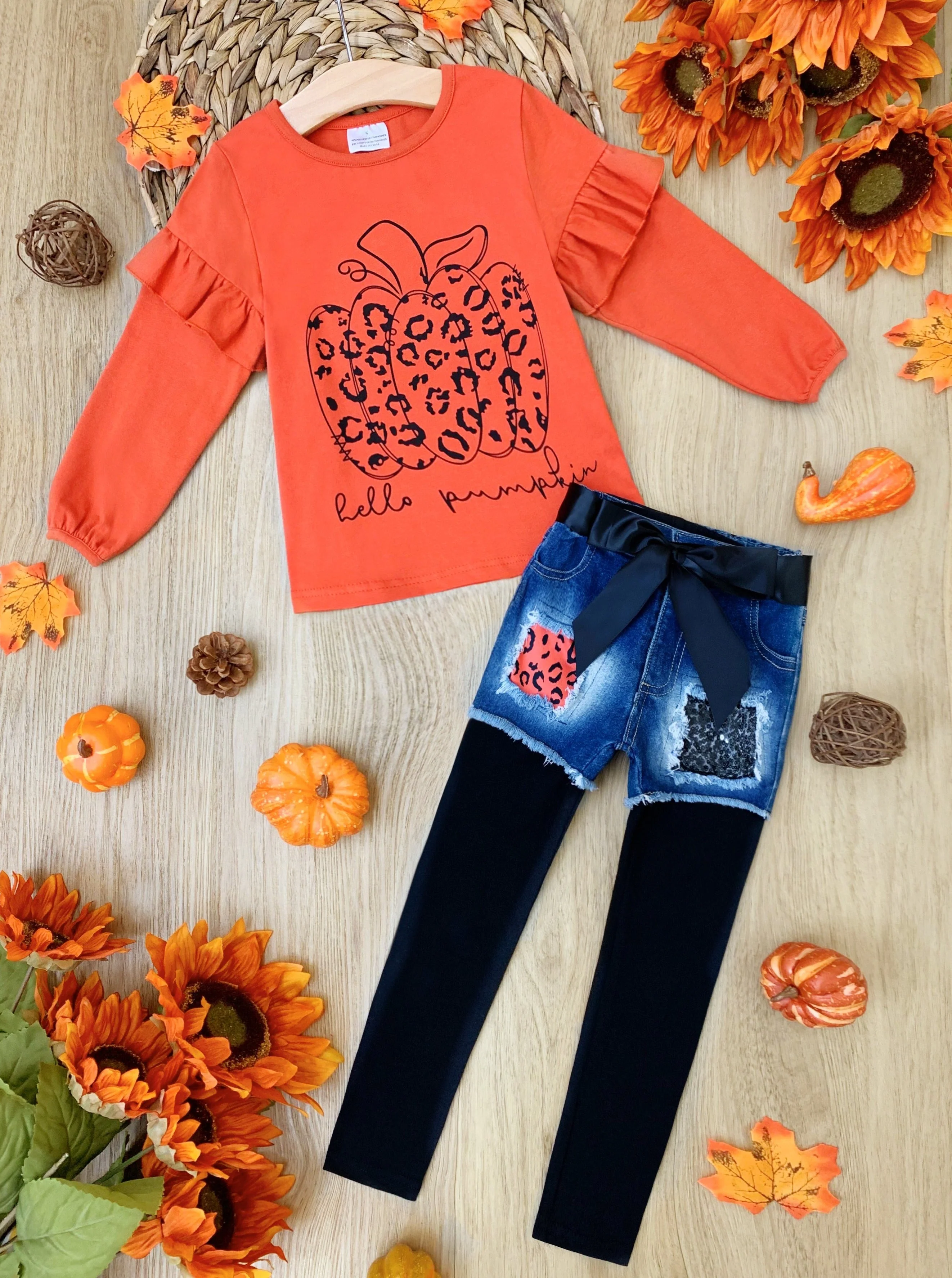 Hello Pumpkin Top, Patched Denim Shorts and Legging Set - Image 3