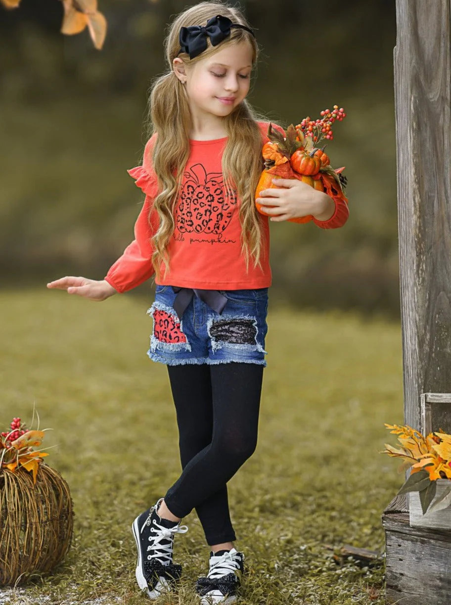 Hello Pumpkin Top, Patched Denim Shorts and Legging Set - Image 4