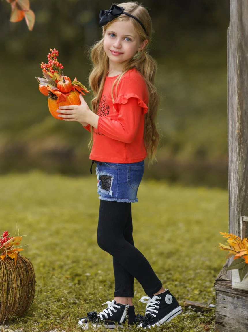 Hello Pumpkin Top, Patched Denim Shorts and Legging Set - Image 5