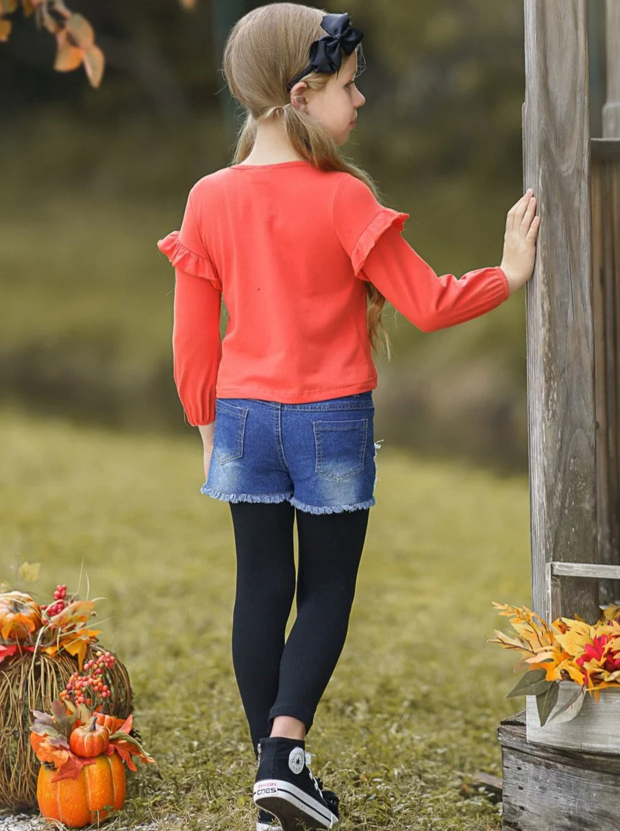 Hello Pumpkin Top, Patched Denim Shorts and Legging Set - Image 6