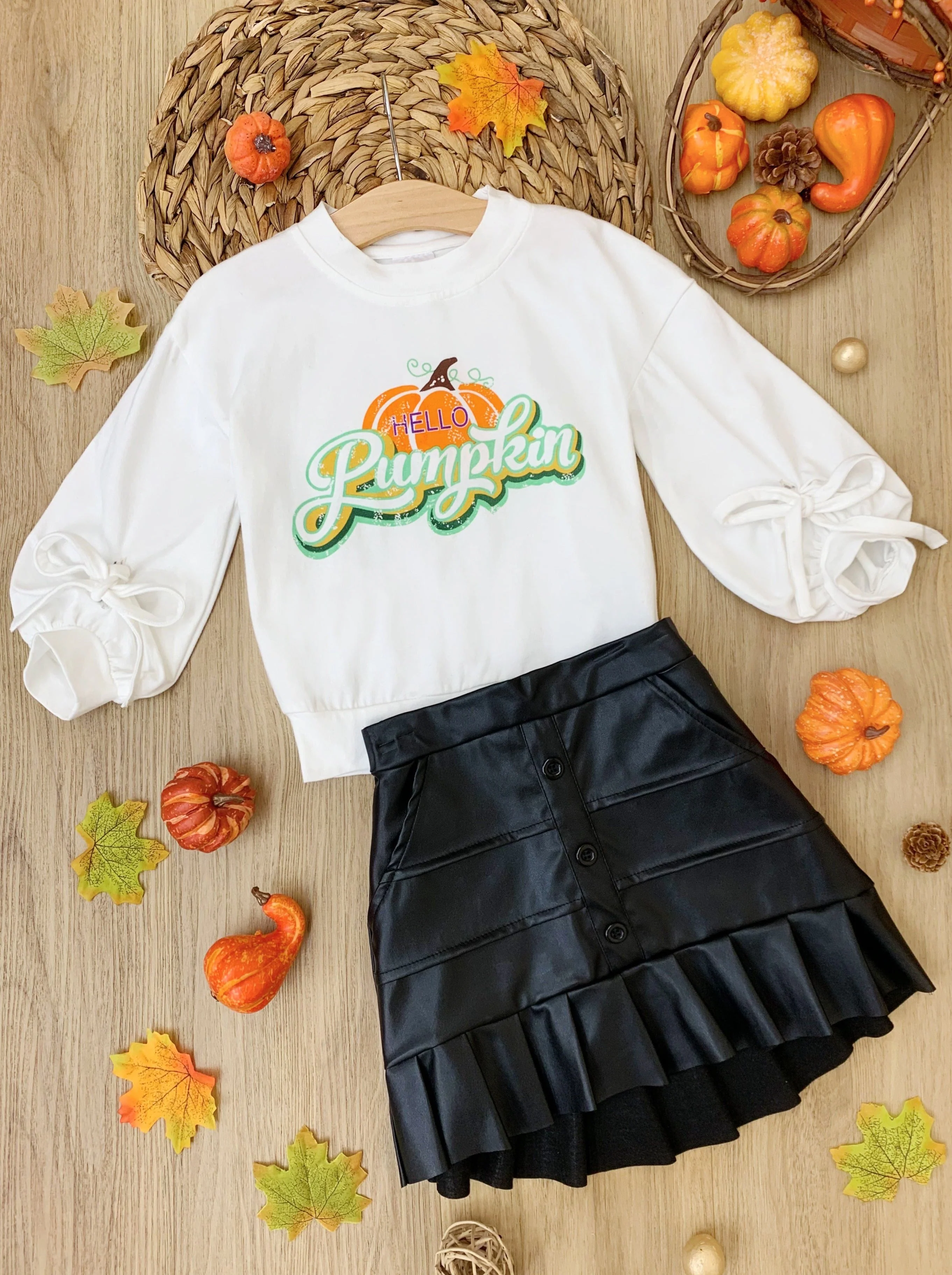 Hello Pumpkin Satin Pleated Skirt Set - Image 6
