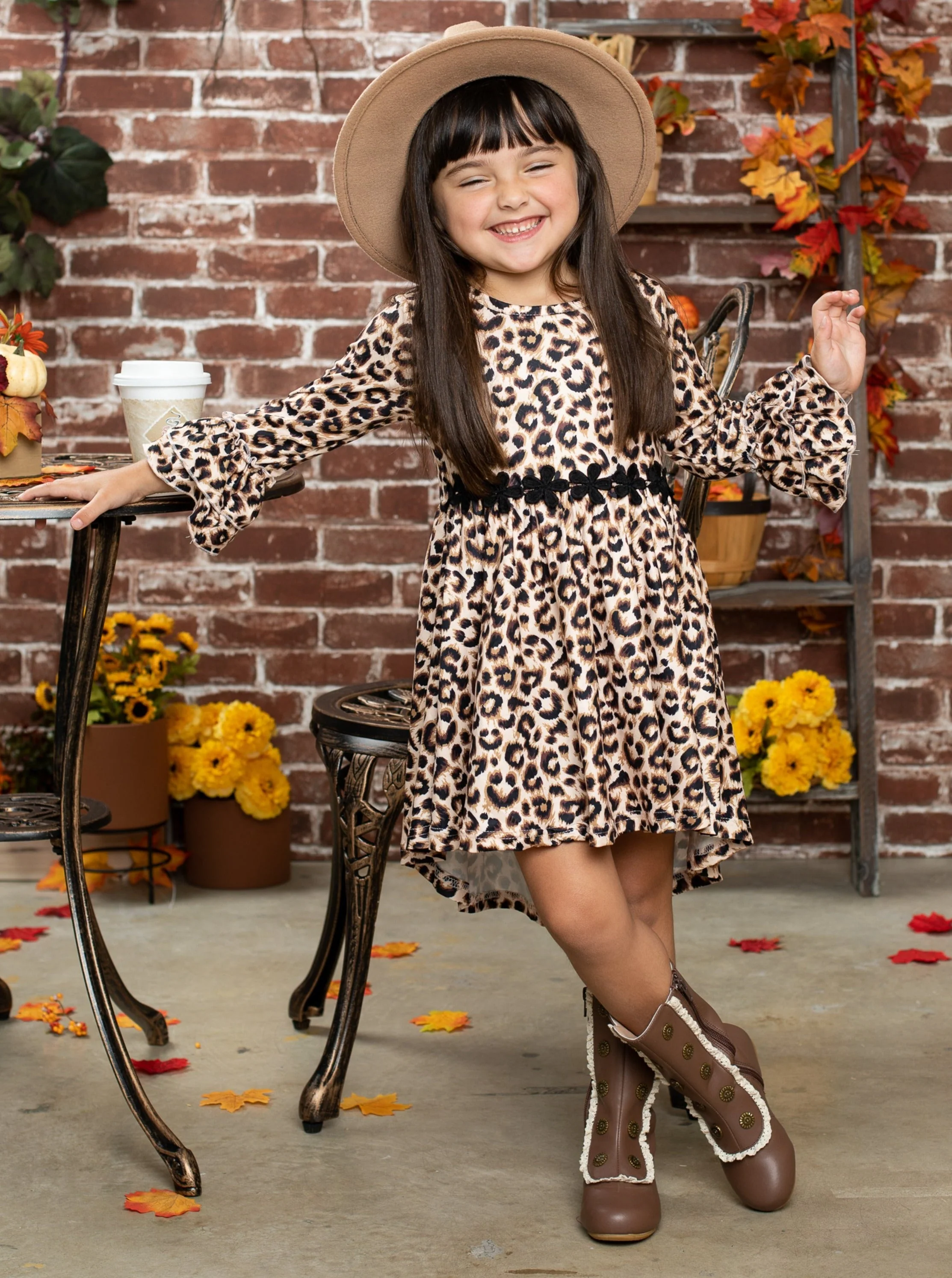 Girls Hi-Lo Crochet Trim Double Leopard Sleeve Dress - Image 2