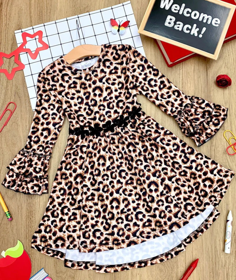 Girls Hi-Lo Crochet Trim Double Leopard Sleeve Dress - Image 3