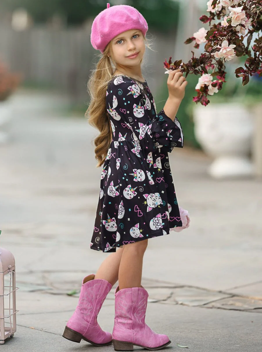 Girls Hi-Lo Double Ruffle Sleeve Kitten Print Dress - Image 2