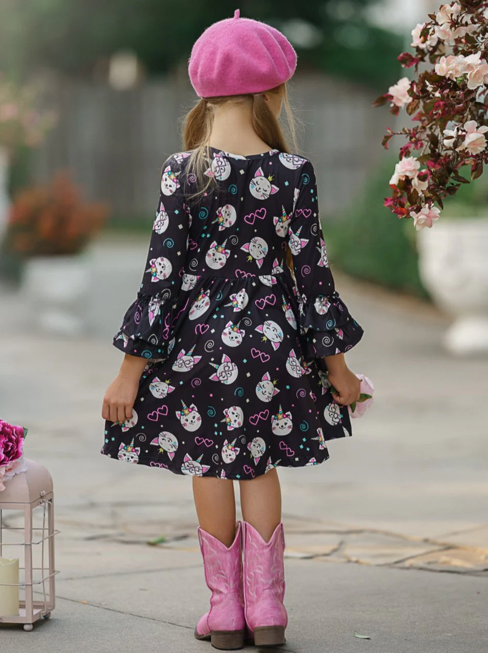 Girls Hi-Lo Double Ruffle Sleeve Kitten Print Dress - Image 3