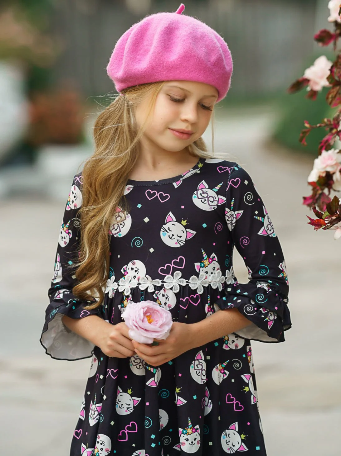 Girls Hi-Lo Double Ruffle Sleeve Kitten Print Dress - Image 4