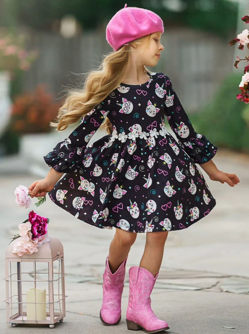 Girls Hi-Lo Double Ruffle Sleeve Kitten Print Dress - Image 5