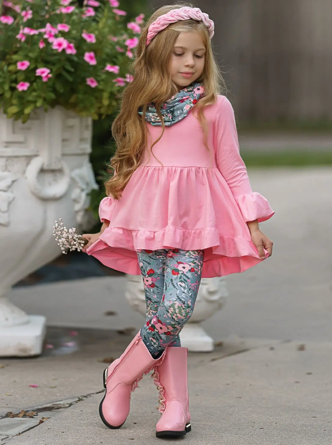 Flawless Hi-Lo Ruffle Tunic, Floral Leggings And Scarf Set - Image 2
