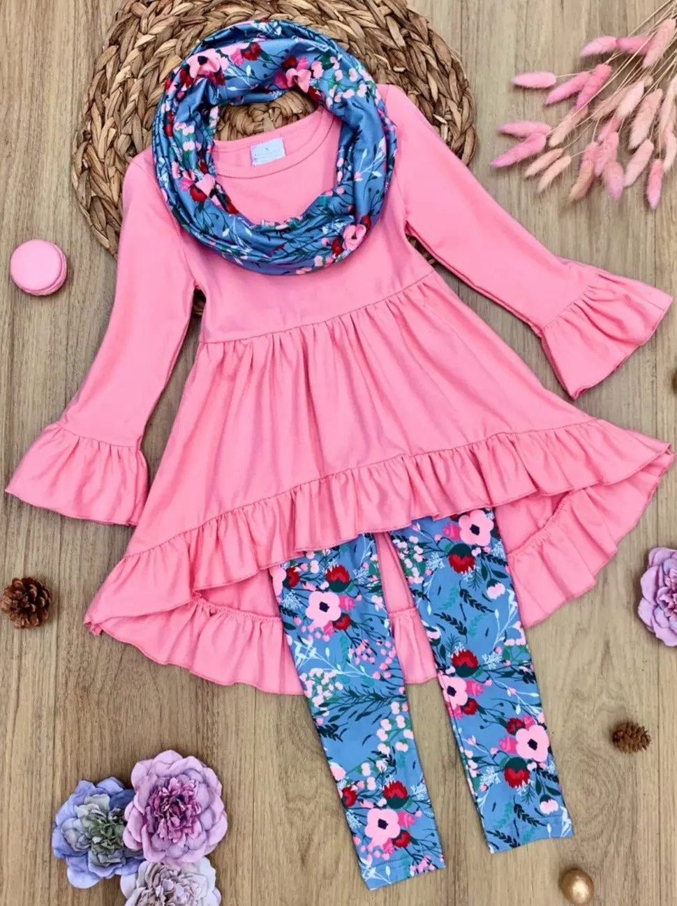 Flawless Hi-Lo Ruffle Tunic, Floral Leggings And Scarf Set - Image 5