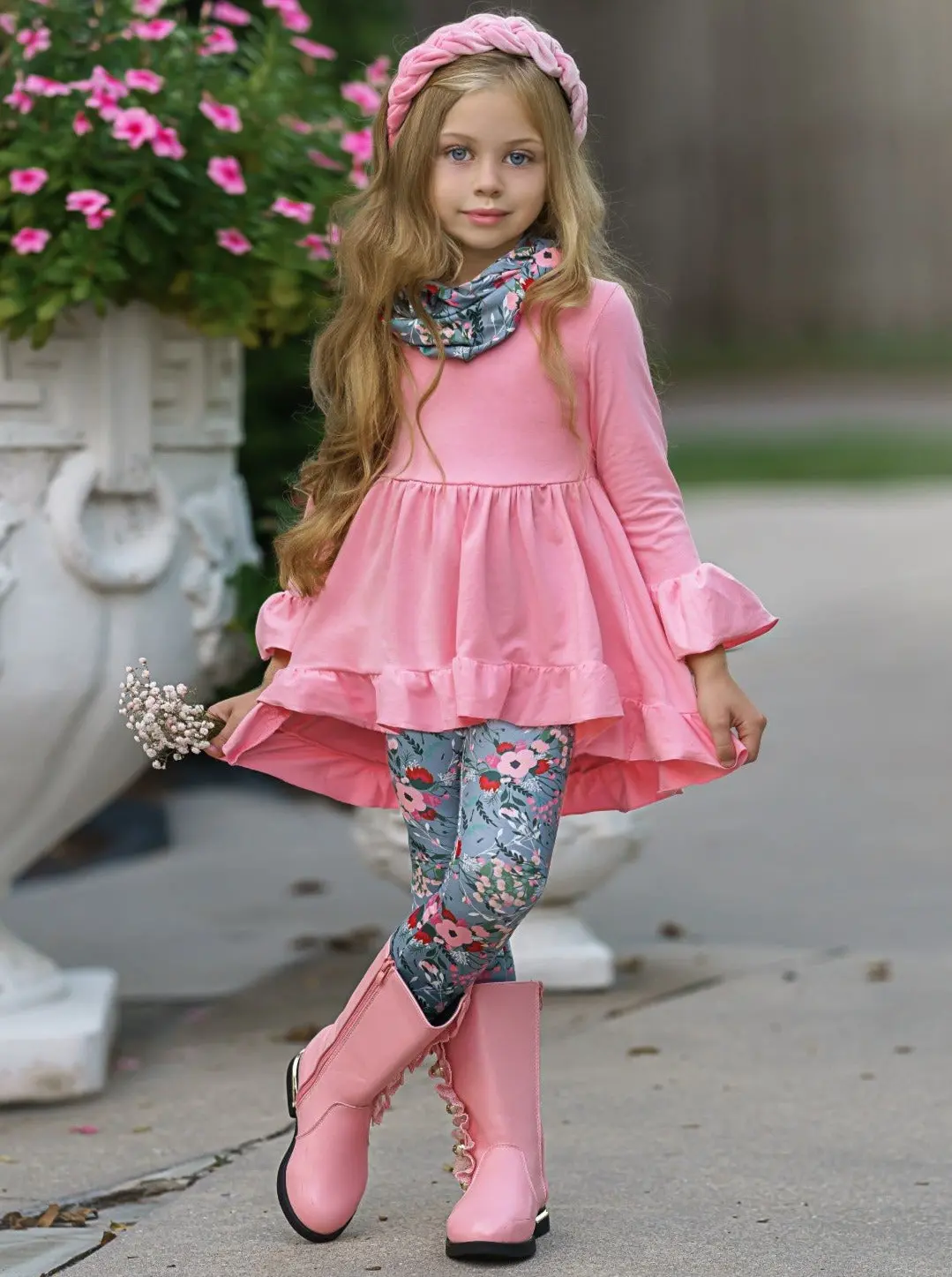 Flawless Hi-Lo Ruffle Tunic, Floral Leggings And Scarf Set - Image 6