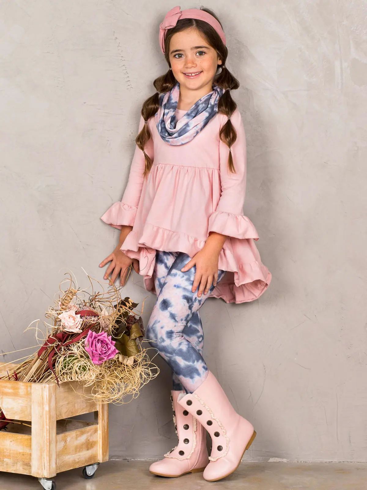 Girls Hi-Lo Ruffled Tunic, Tie Dye Leggings and Scarf Set - Image 2