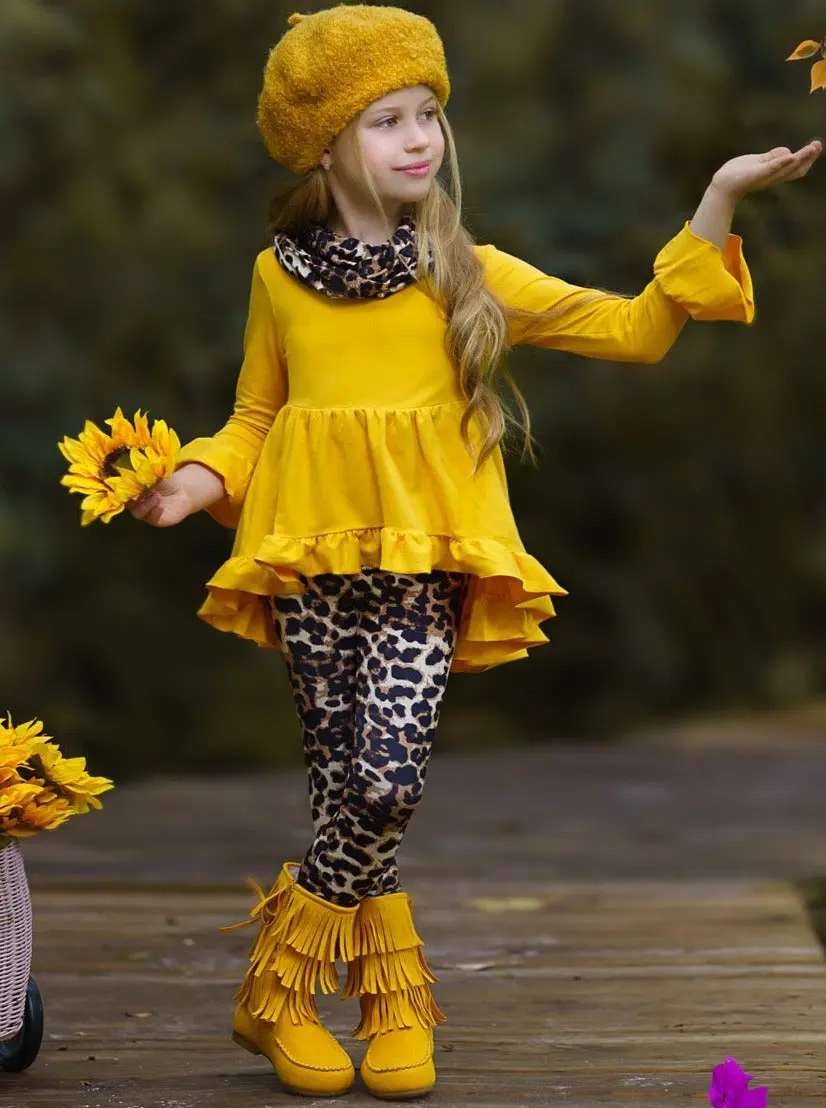 Vibrant Cub Hi-Lo Ruffle Tunic, Leopard Leggings And Scarf Set - Image 2