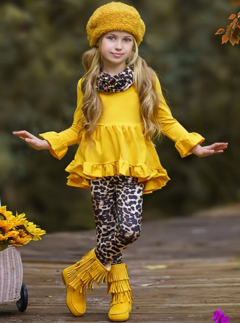 Vibrant Cub Hi-Lo Ruffle Tunic, Leopard Leggings And Scarf Set - Image 3