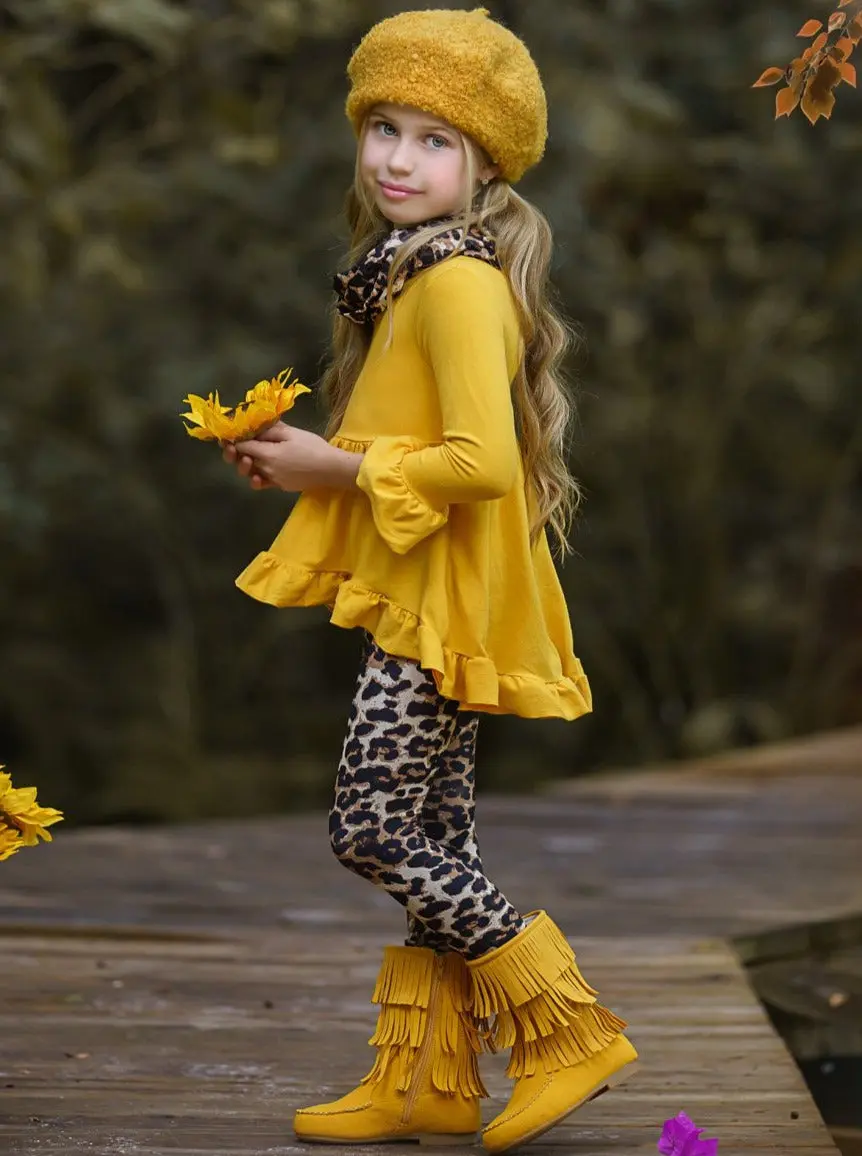 Vibrant Cub Hi-Lo Ruffle Tunic, Leopard Leggings And Scarf Set - Image 4