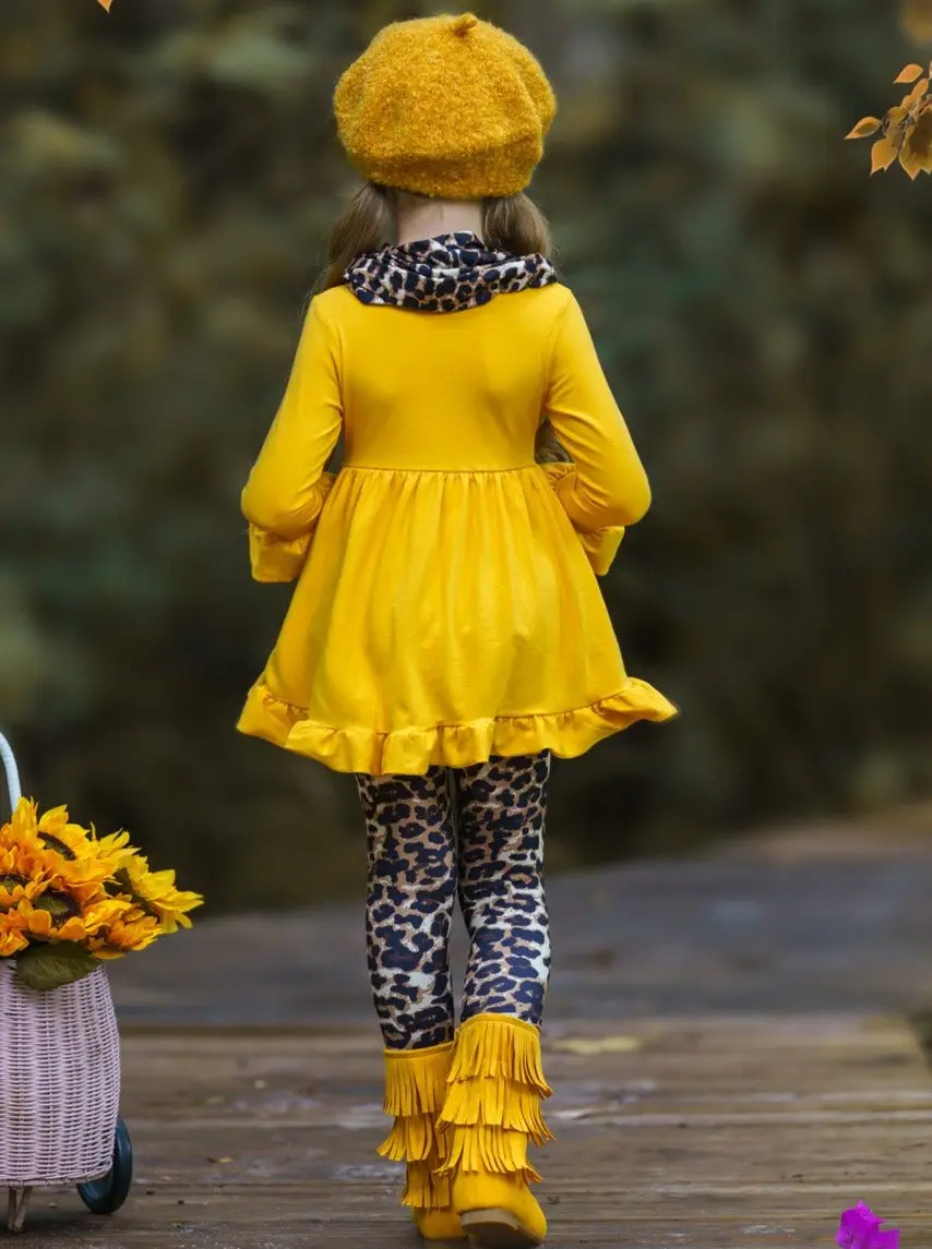 Vibrant Cub Hi-Lo Ruffle Tunic, Leopard Leggings And Scarf Set - Image 5