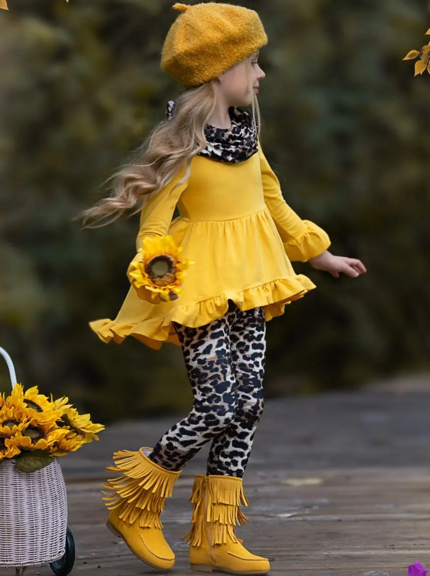 Vibrant Cub Hi-Lo Ruffle Tunic, Leopard Leggings And Scarf Set - Image 6