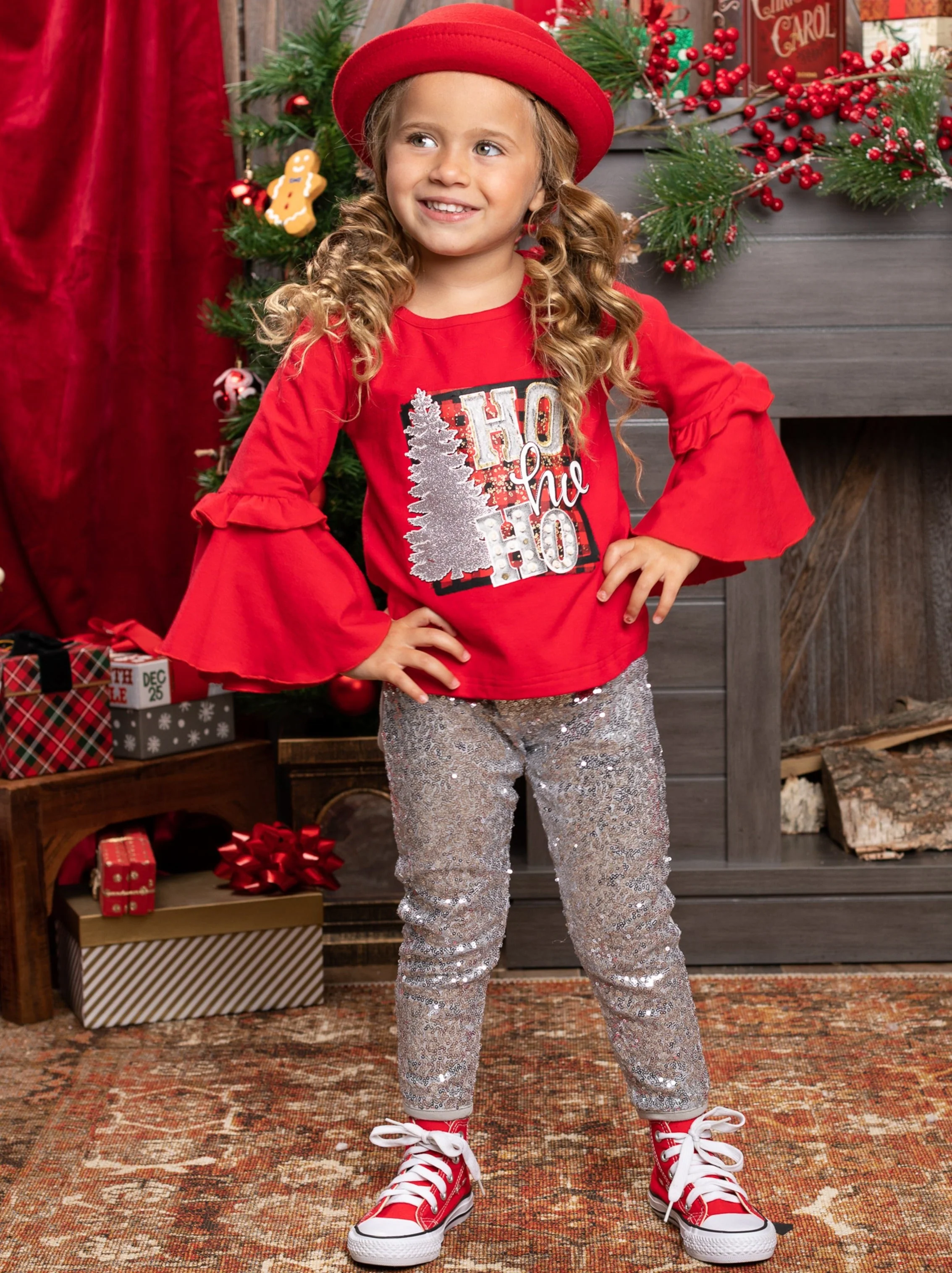 Ho Ho Ho Bell Sleeve Top and Sequin Legging Set - Image 2