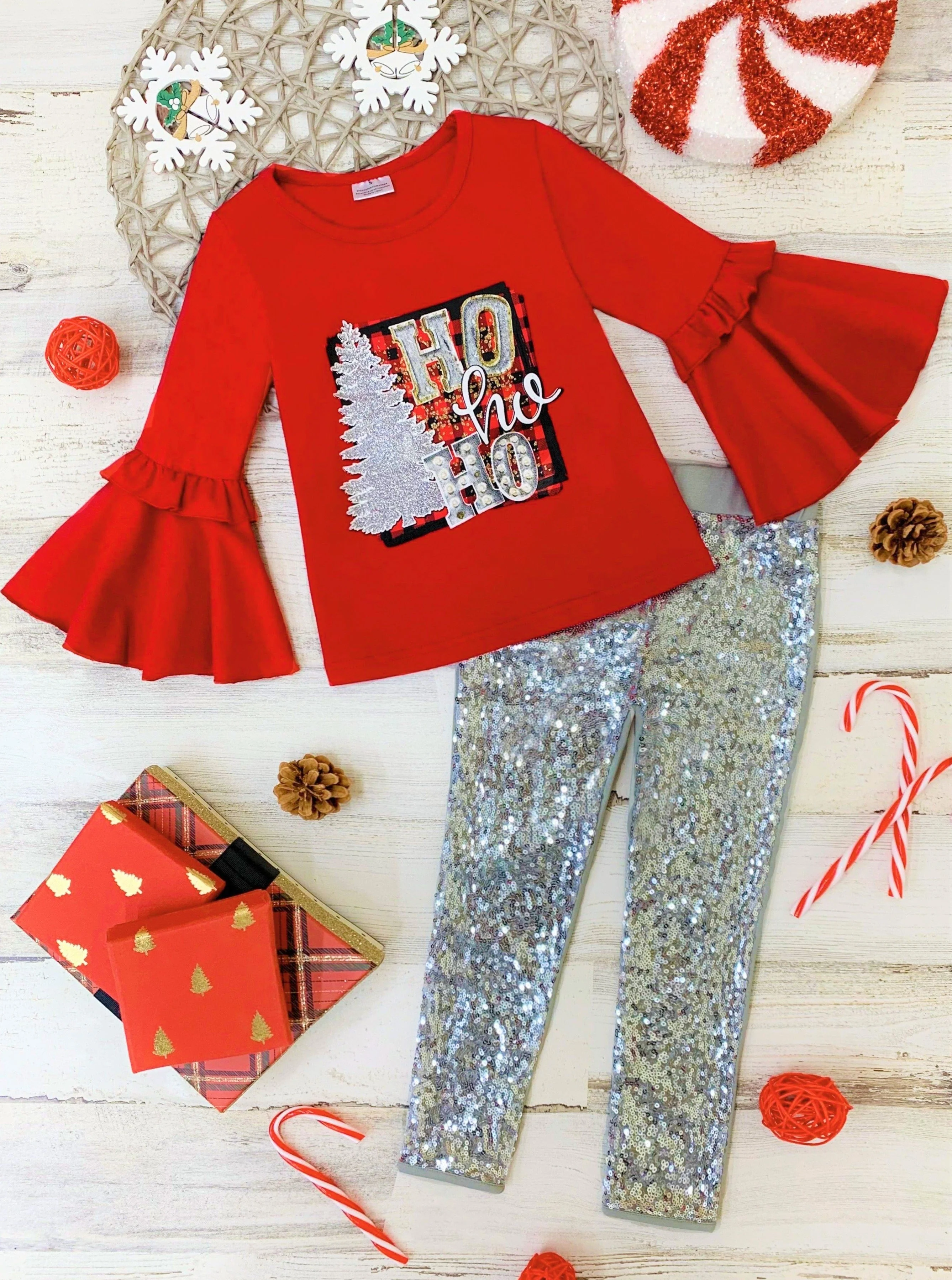 Ho Ho Ho Bell Sleeve Top and Sequin Legging Set - Image 3