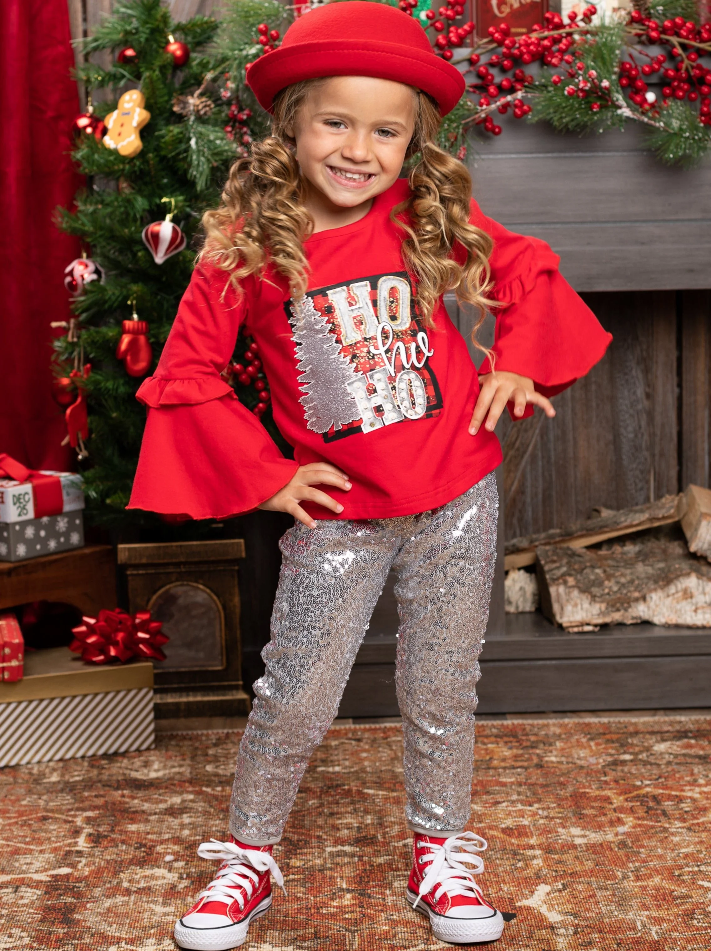 Ho Ho Ho Bell Sleeve Top and Sequin Legging Set - Image 4