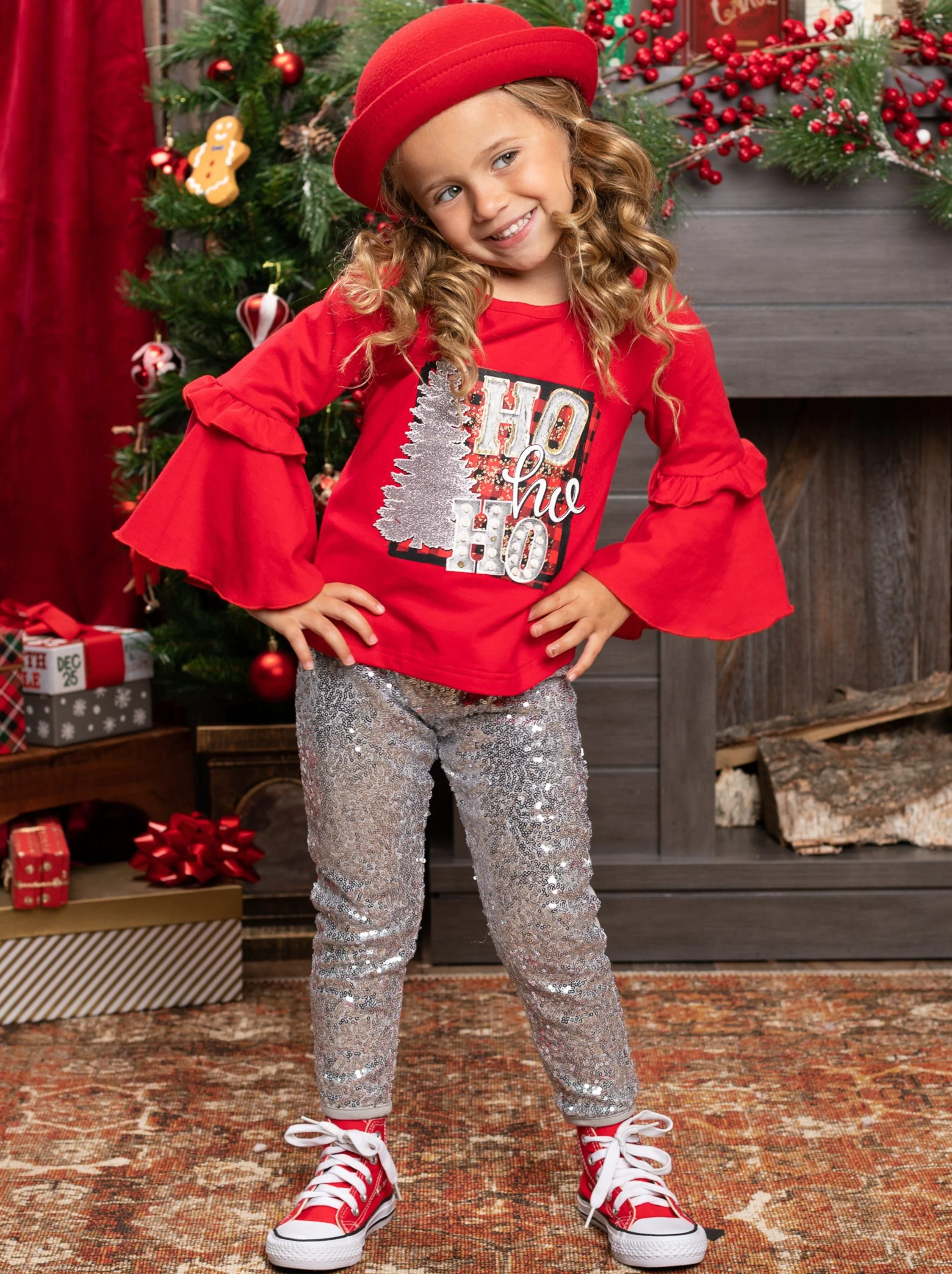 Ho Ho Ho Bell Sleeve Top and Sequin Legging Set - Image 5