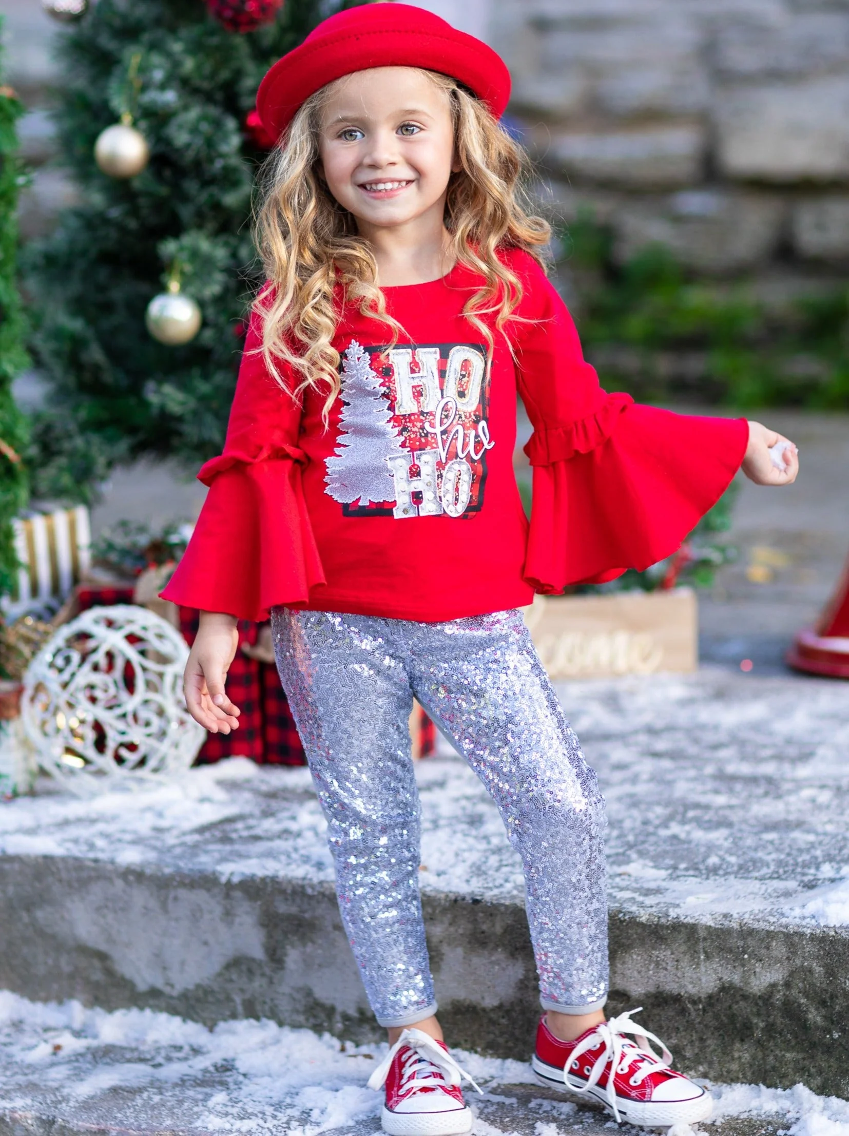 Ho Ho Ho Bell Sleeve Top and Sequin Legging Set - Image 6