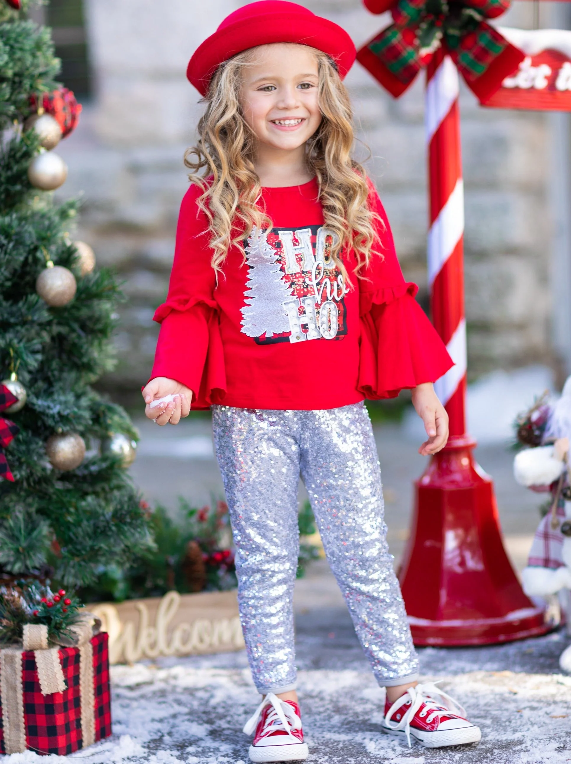 Ho Ho Ho Bell Sleeve Top and Sequin Legging Set - Image 7