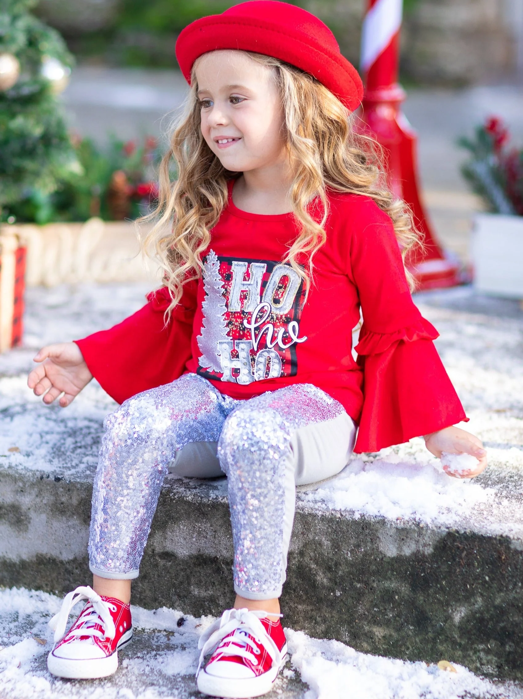 Ho Ho Ho Bell Sleeve Top and Sequin Legging Set - Image 9
