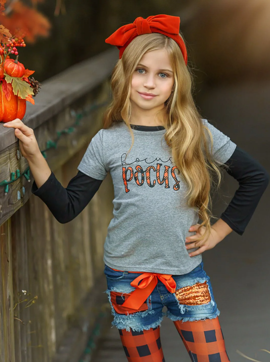 Hocus Pocus Top, Patched Denim Shorts and Plaid Legging Set - Image 2