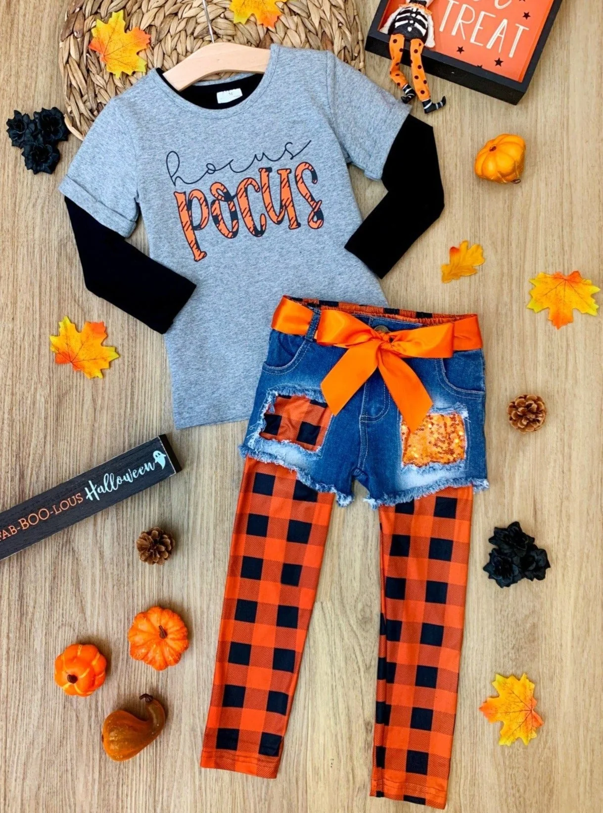 Hocus Pocus Top, Patched Denim Shorts and Plaid Legging Set - Image 3