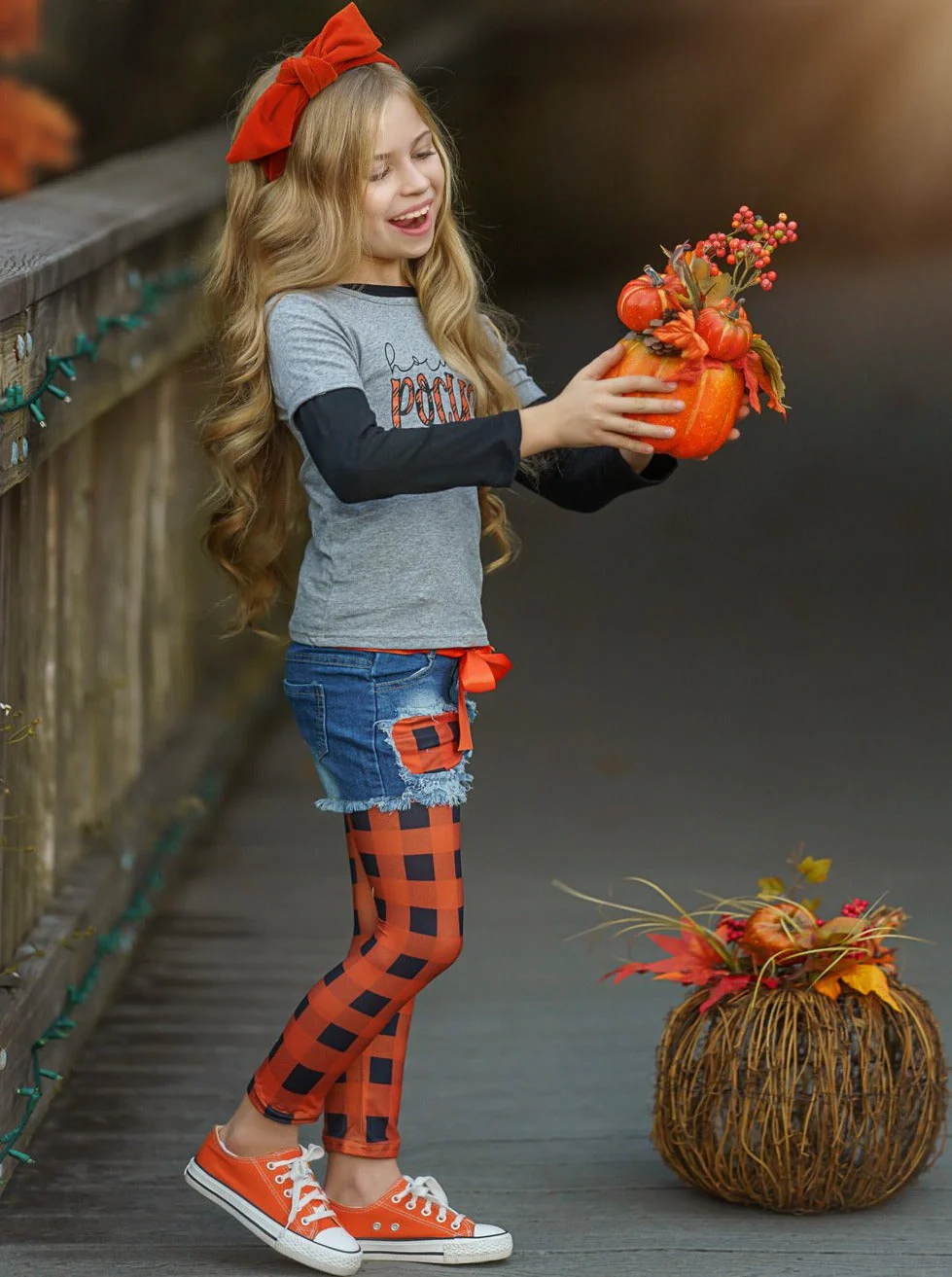 Hocus Pocus Top, Patched Denim Shorts and Plaid Legging Set - Image 4