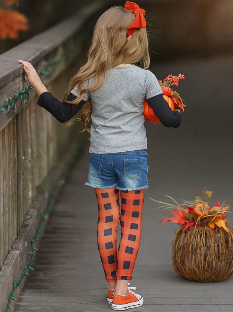 Hocus Pocus Top, Patched Denim Shorts and Plaid Legging Set - Image 5