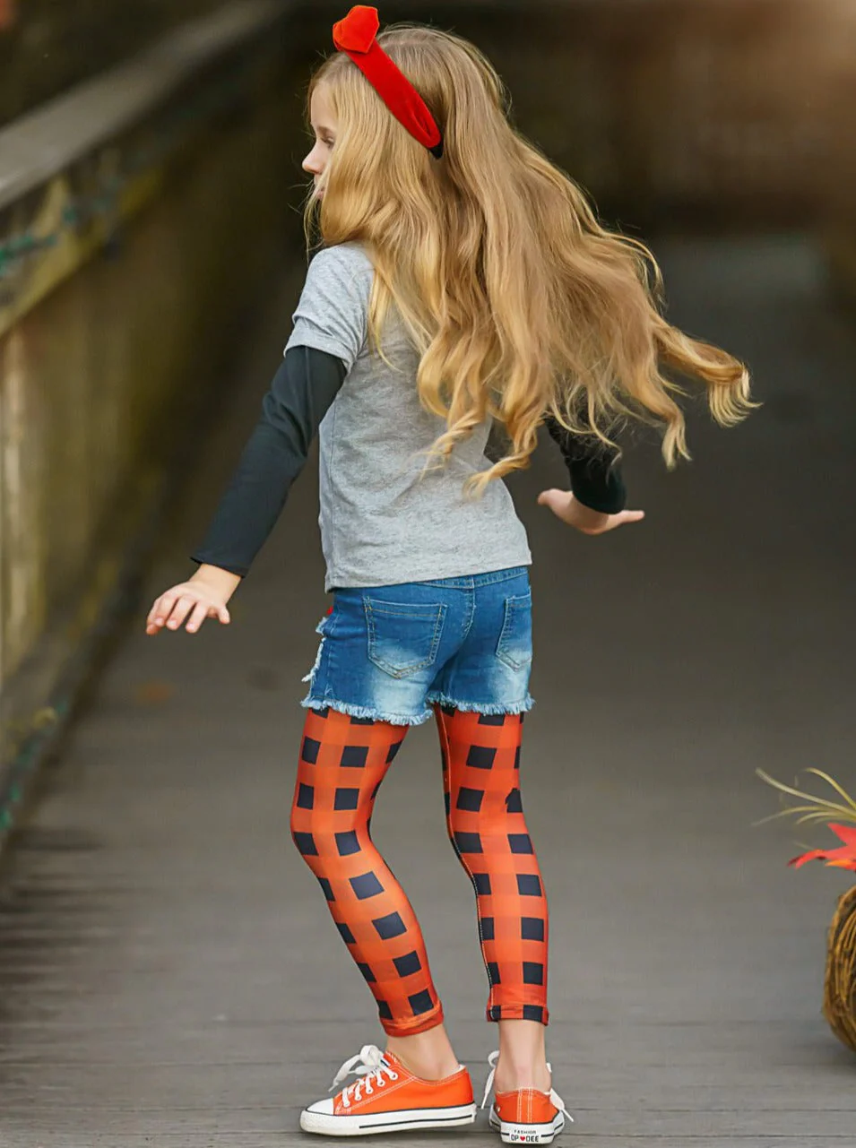 Hocus Pocus Top, Patched Denim Shorts and Plaid Legging Set - Image 6
