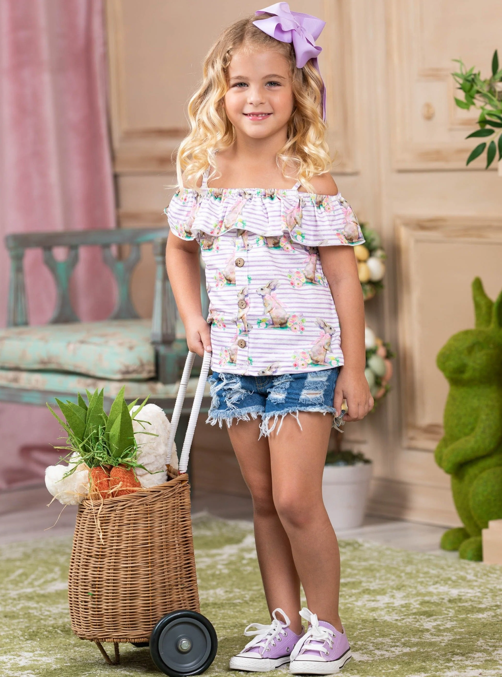 Bunnies, Bows, and Blooms Denim Shorts Set - Image 3