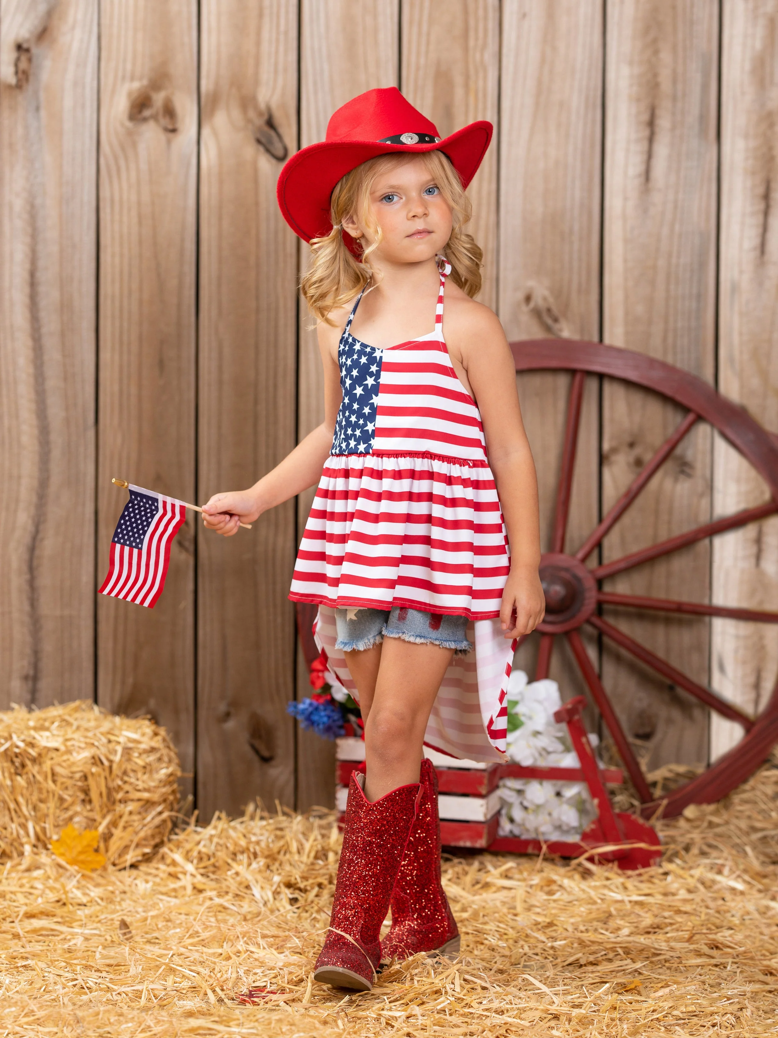 Land That I Love Flag Hi Lo Top and Denim Shorts Set - Image 2