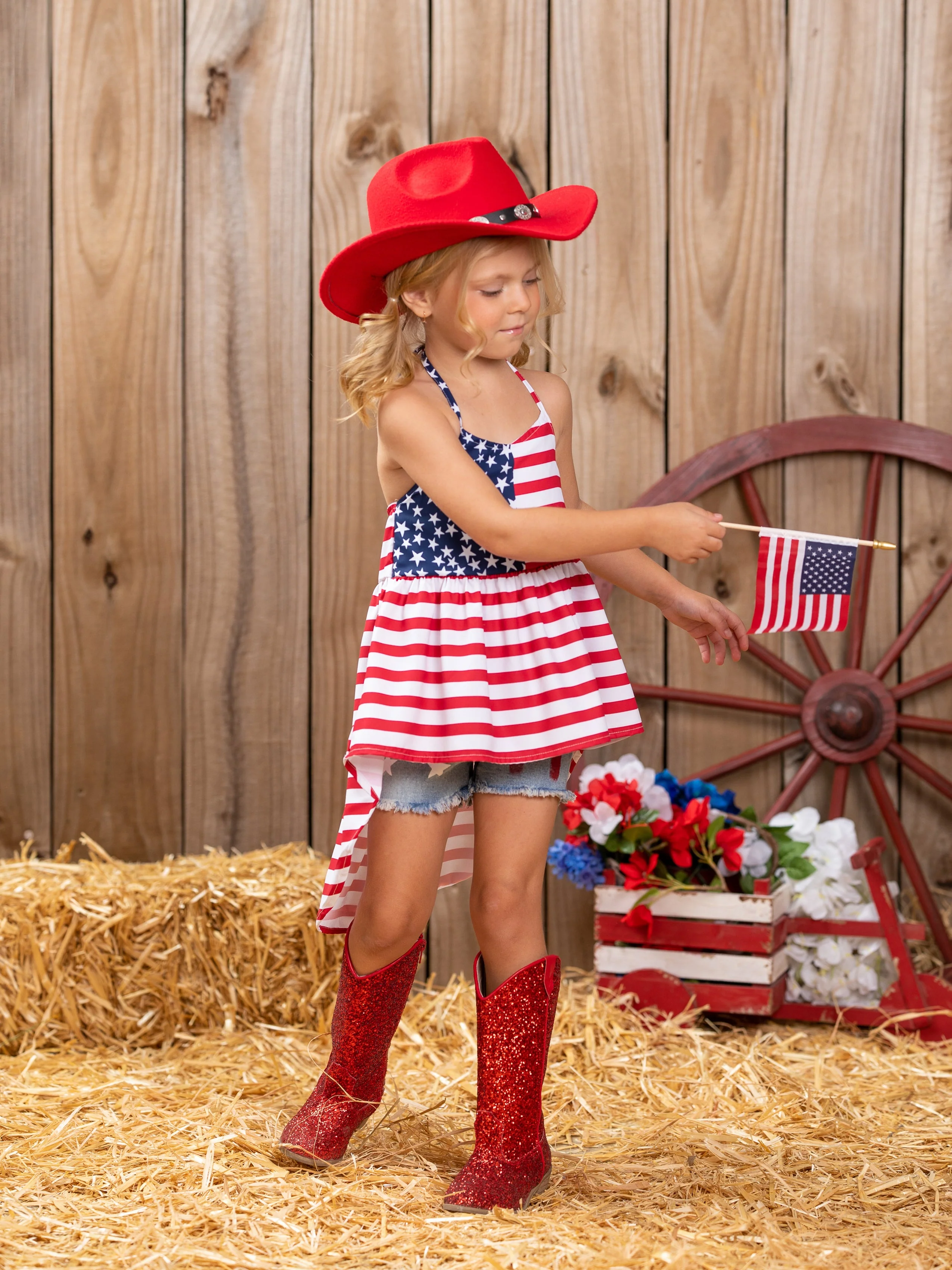 Land That I Love Flag Hi Lo Top and Denim Shorts Set - Image 3