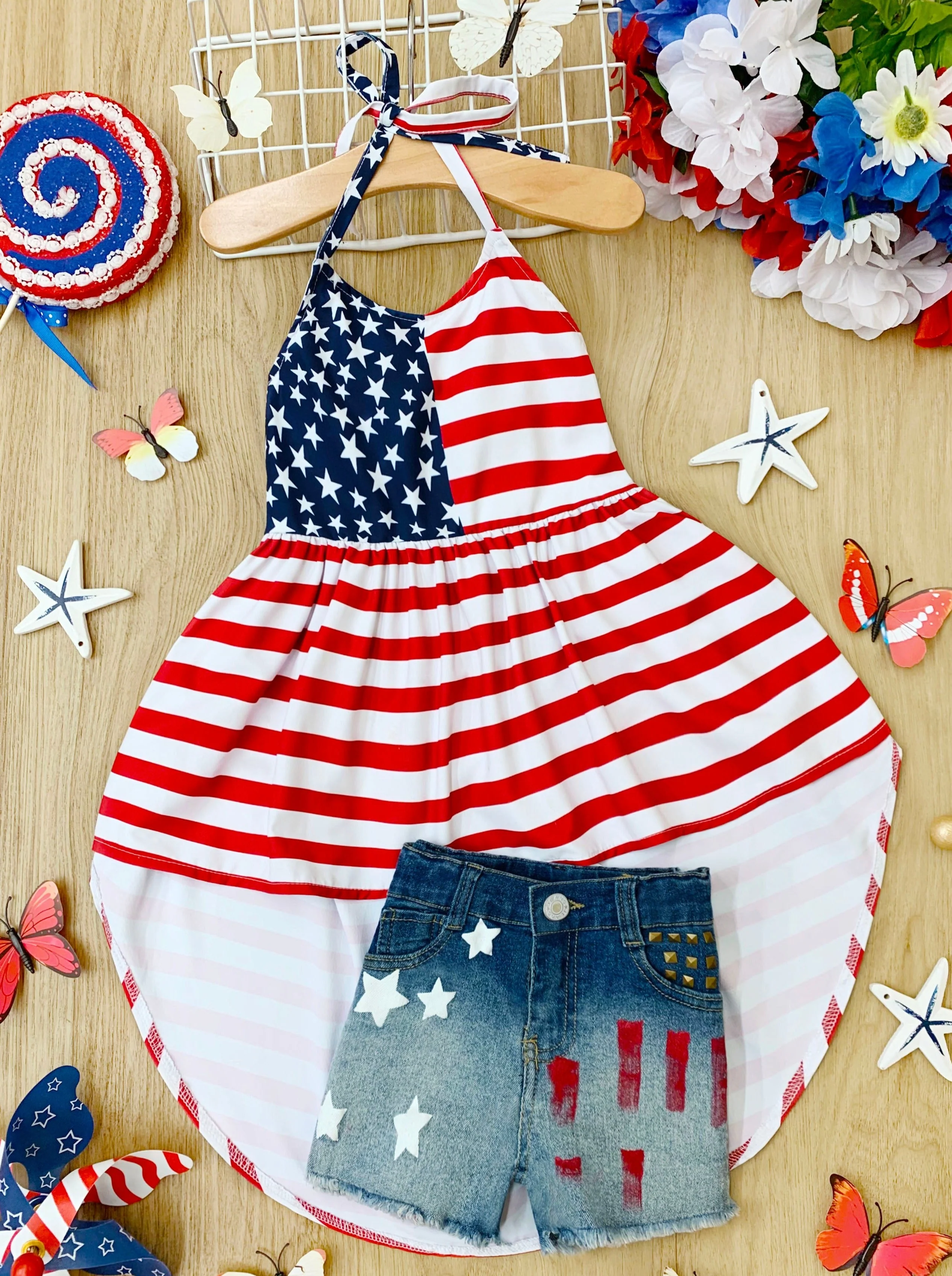 Land That I Love Flag Hi Lo Top and Denim Shorts Set - Image 4