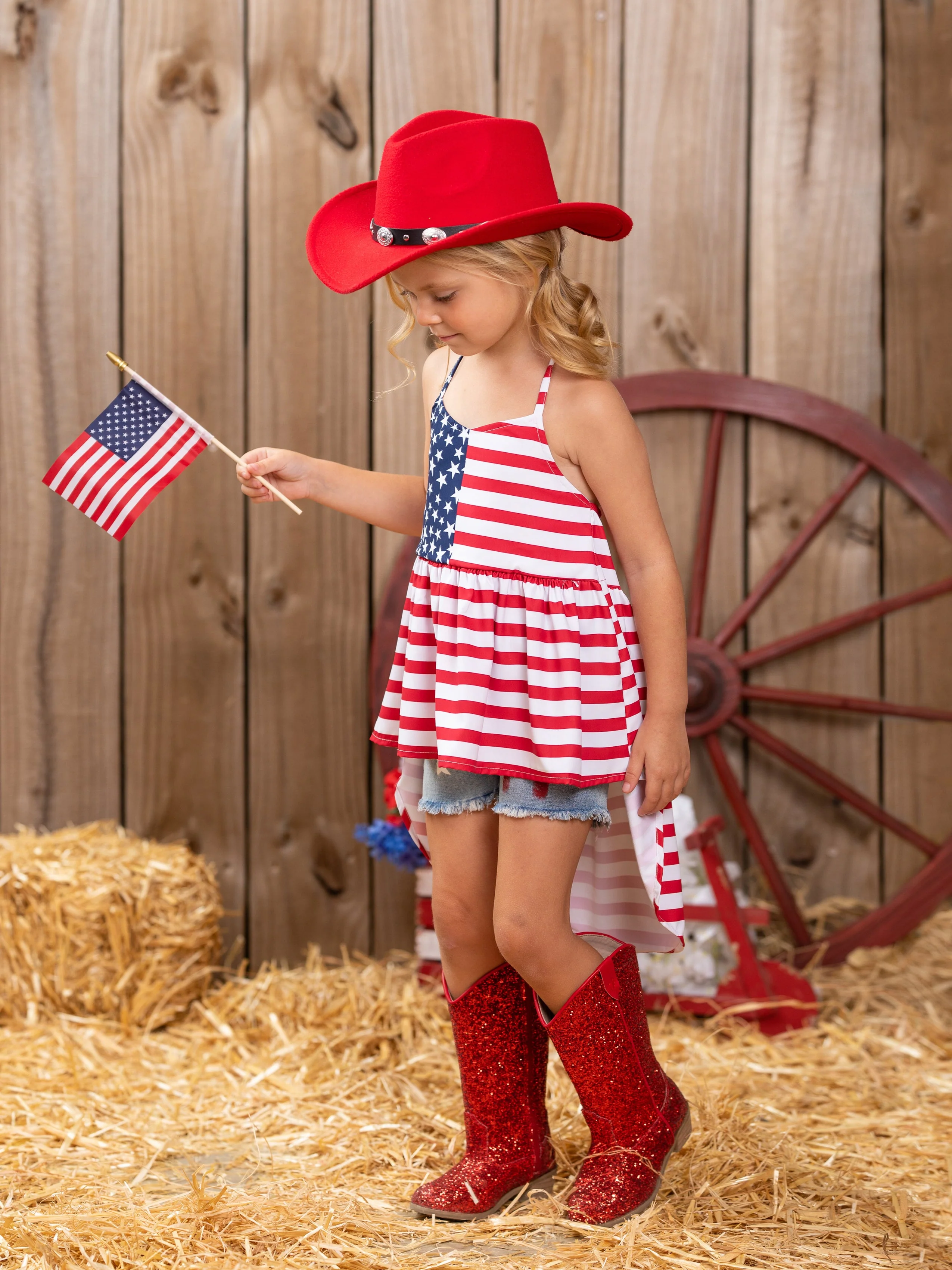 Land That I Love Flag Hi Lo Top and Denim Shorts Set - Image 5