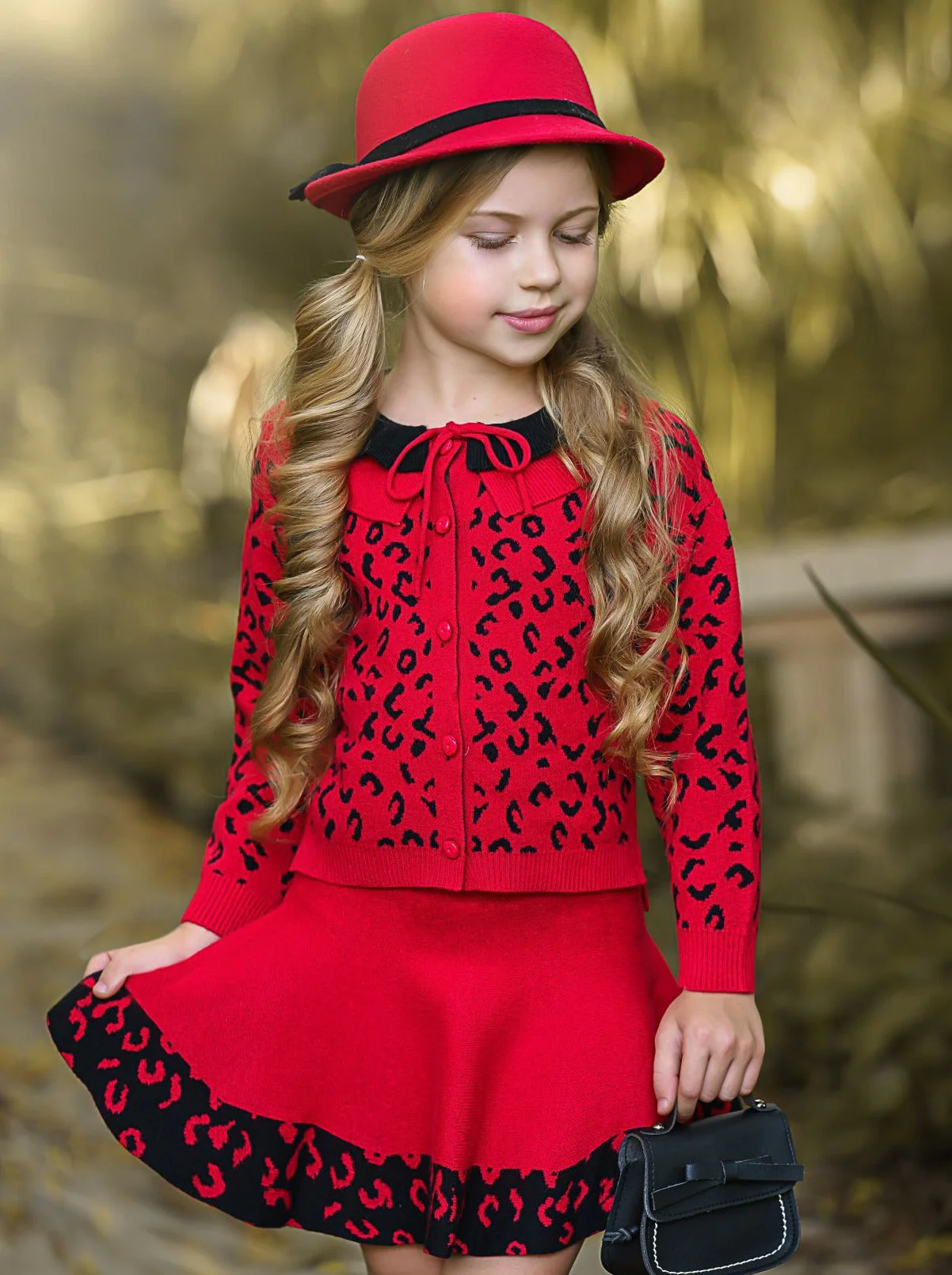 Red Leopard Collared Buttoned Cardigan and Skirt Set - Image 2