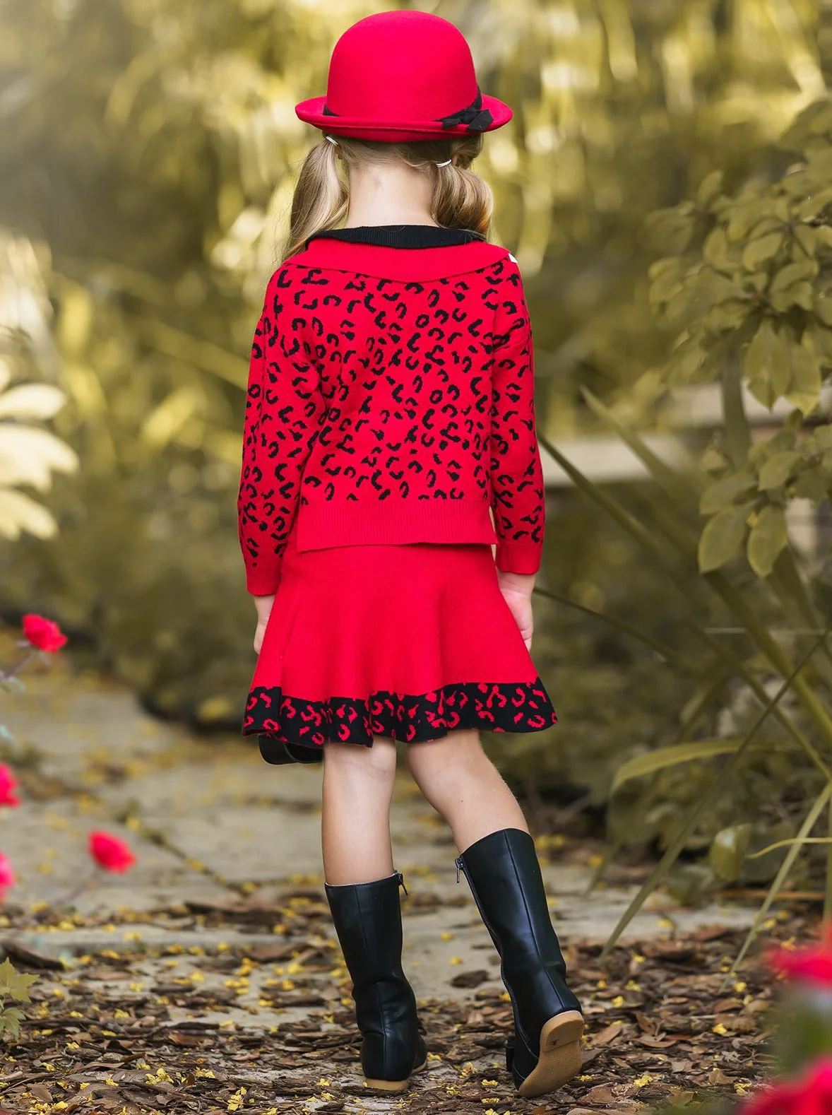 Red Leopard Collared Buttoned Cardigan and Skirt Set - Image 3