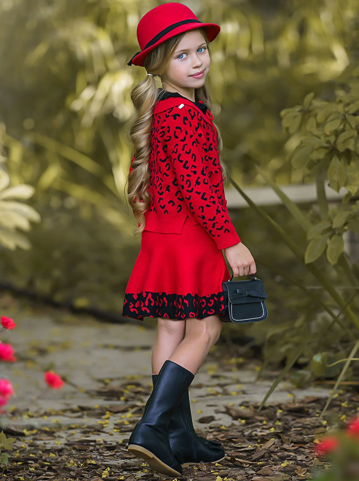 Red Leopard Collared Buttoned Cardigan and Skirt Set - Image 4