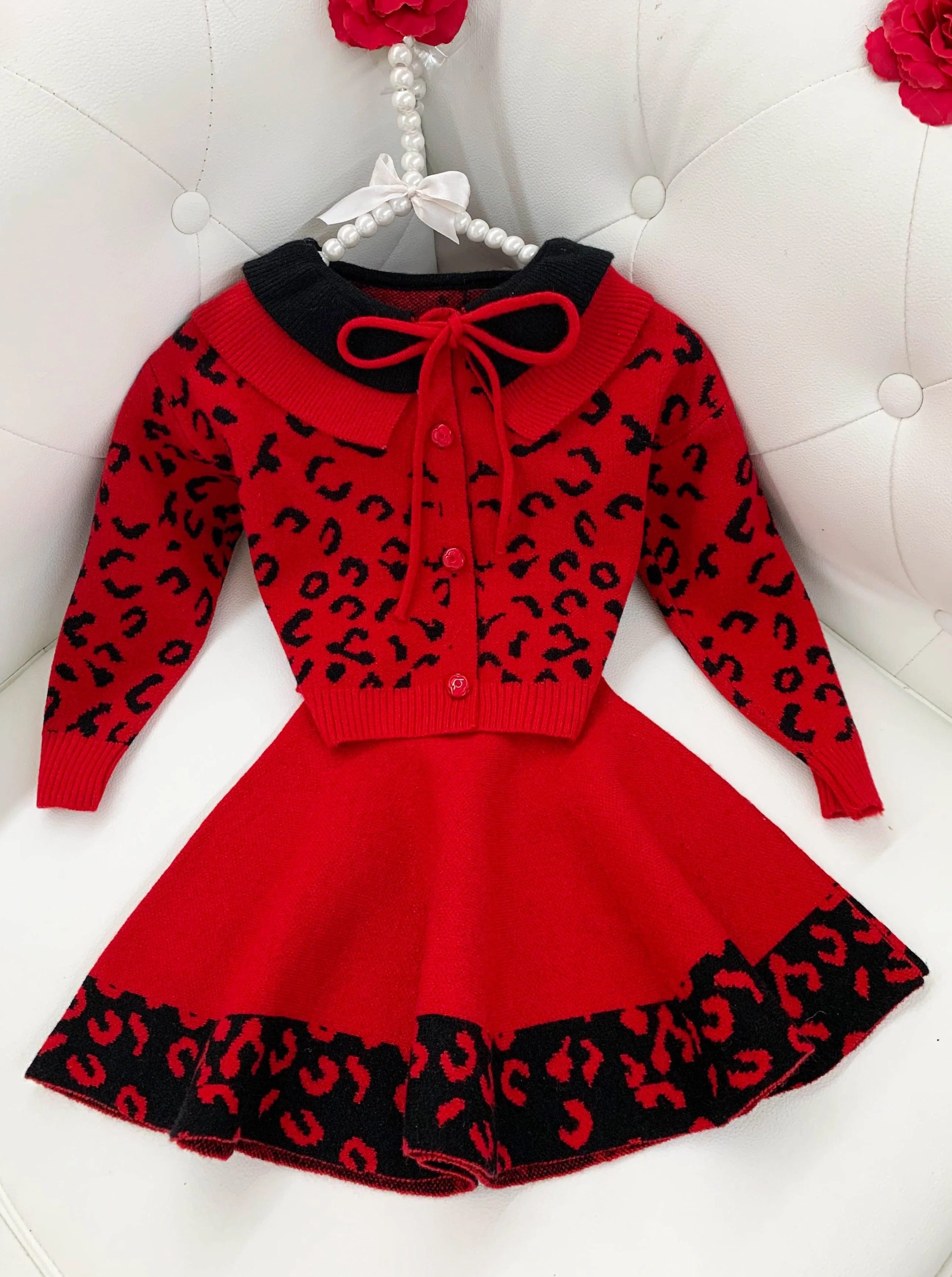 Red Leopard Collared Buttoned Cardigan and Skirt Set - Image 5