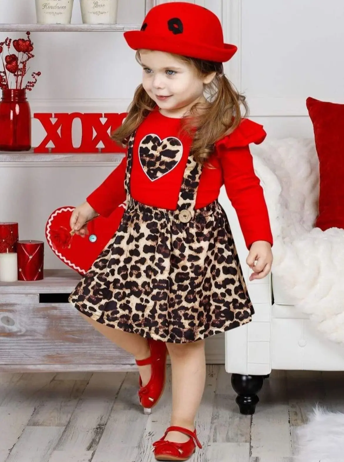 Girls Untamed Heart Animal Print Long Sleeve Shirt and Pinafore Skirt Set - Image 2