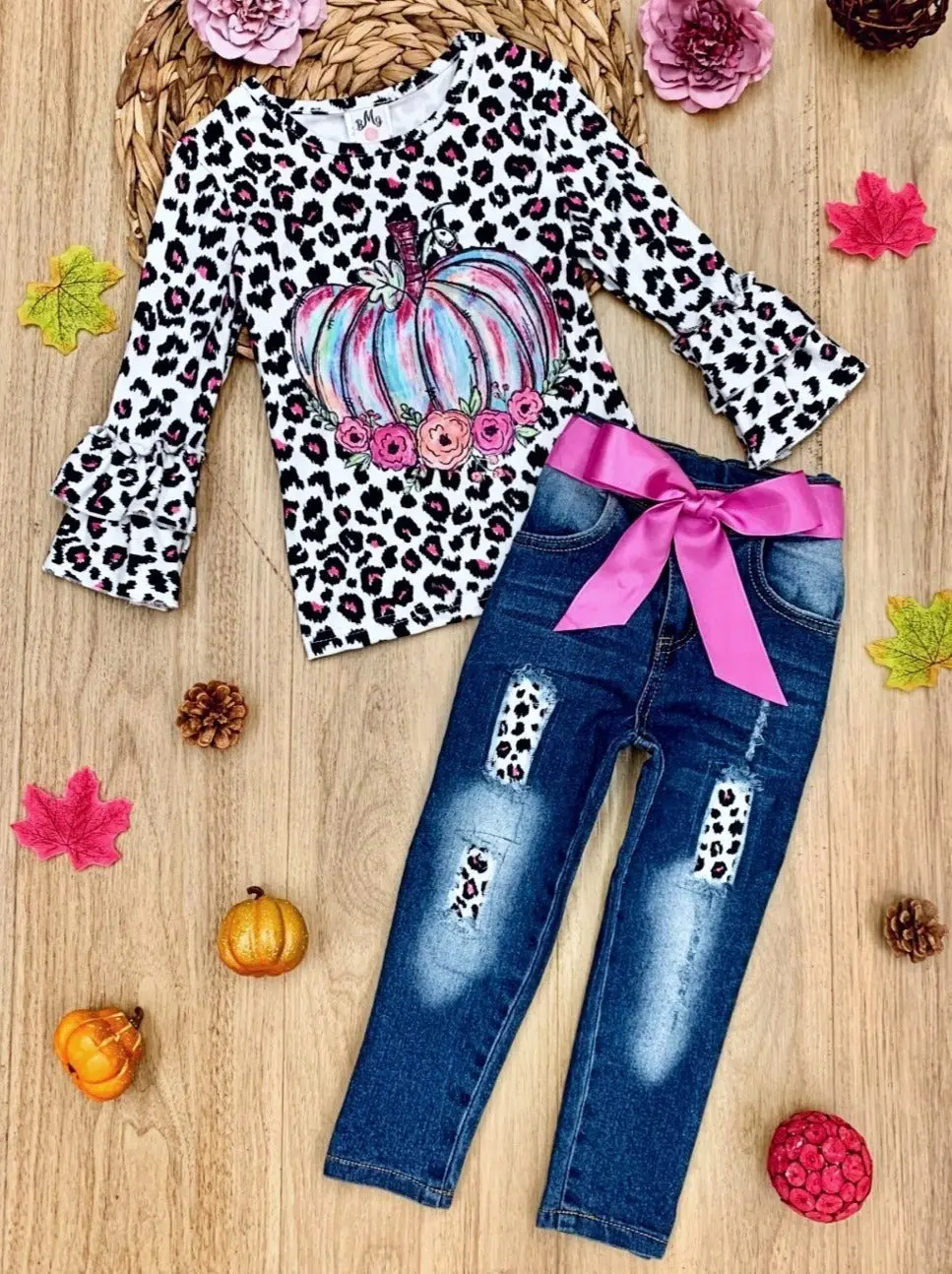 Pastel Pumpkin Leopard Patched Jeans Set - Image 3