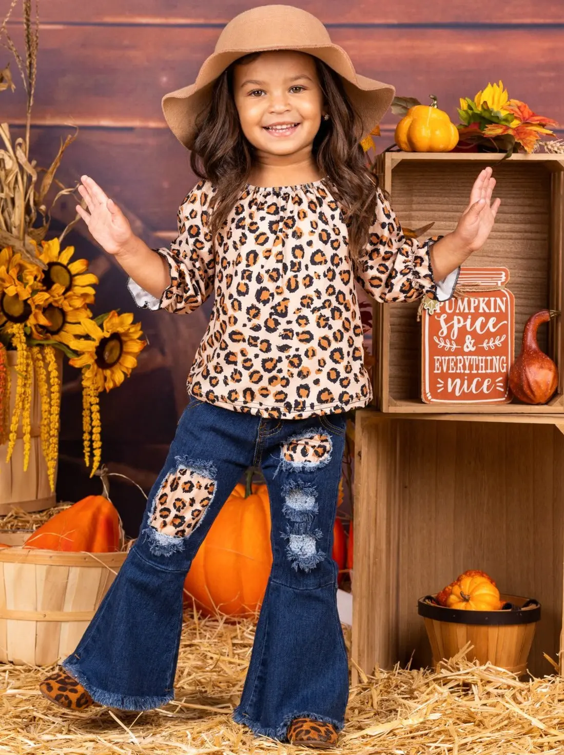 Lil' Leopard Patched Bell Bottom Jeans Set - Image 2
