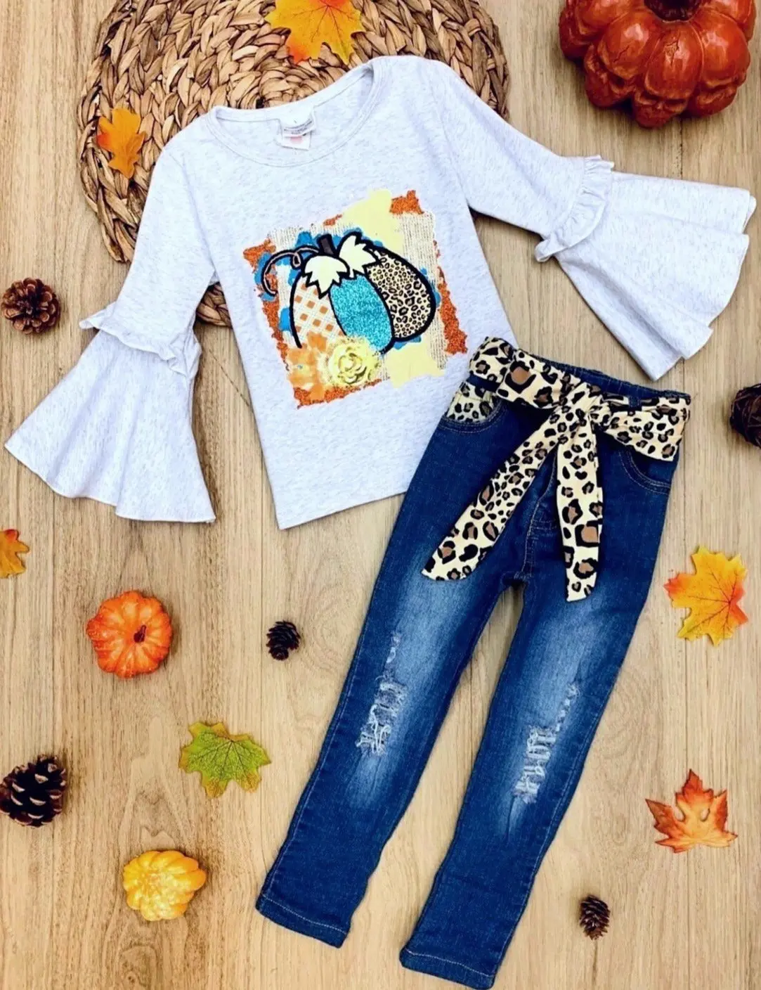 Proud Pumpkin Bell Sleeve Top and Jeans Set - Image 2