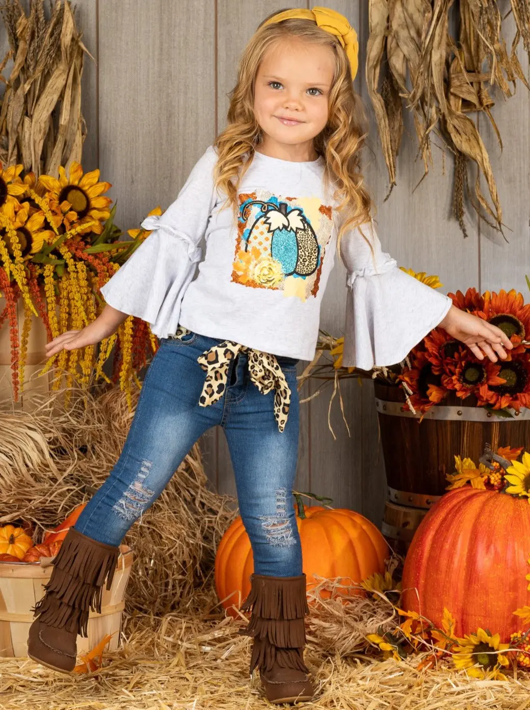 Proud Pumpkin Bell Sleeve Top and Jeans Set - Image 3