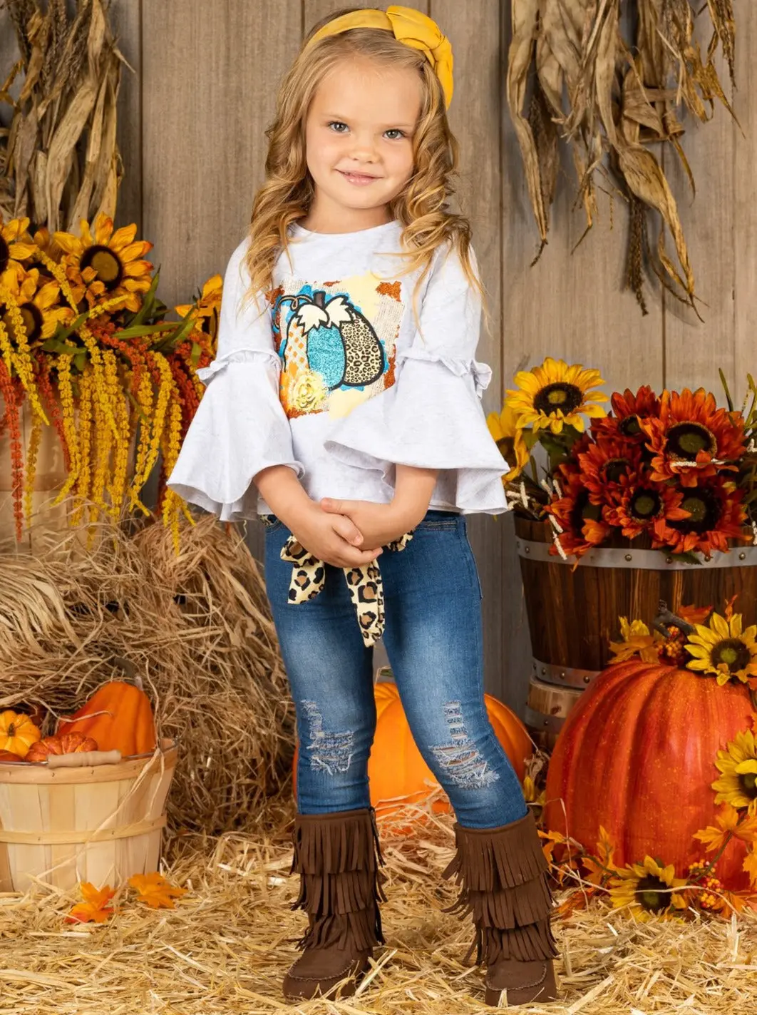 Proud Pumpkin Bell Sleeve Top and Jeans Set - Image 4